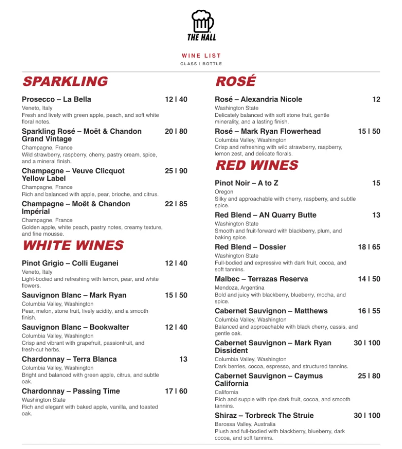 Wine menu featuring sparkling and white selections