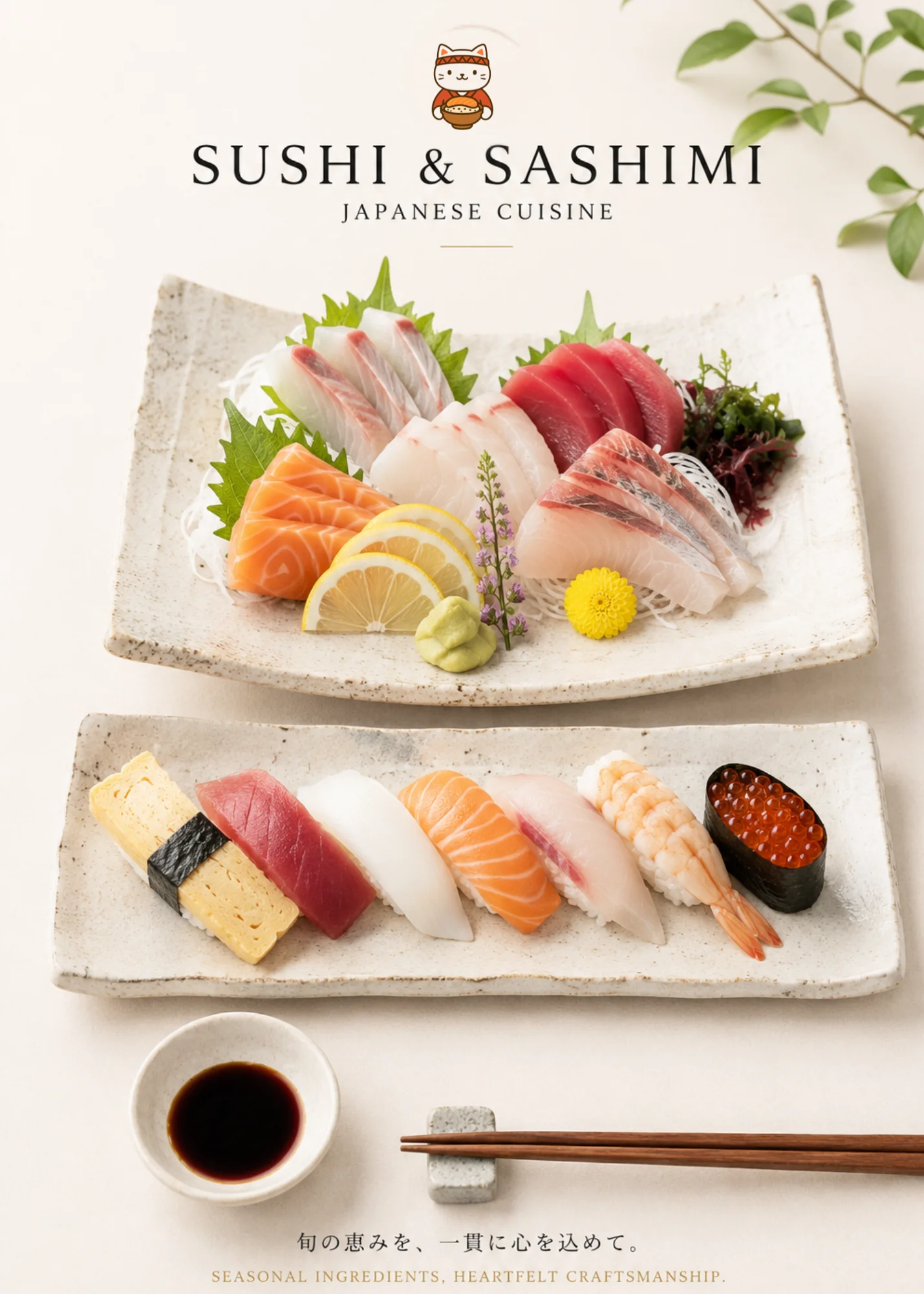 Plates of sushi and sashimi with seasonal ingredients and garnishes.