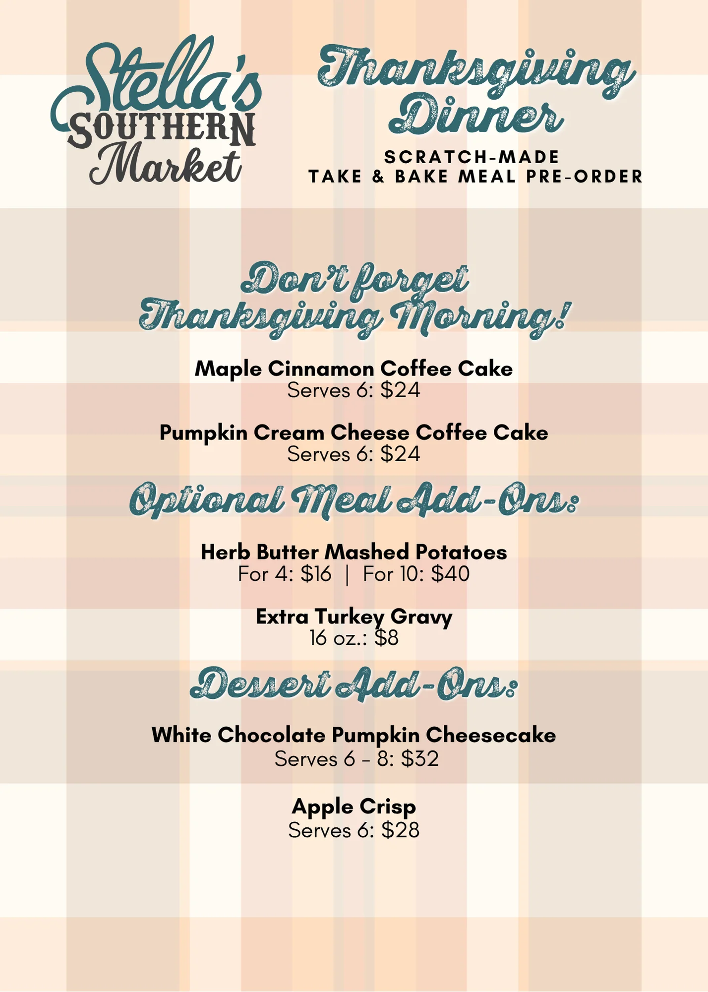 Thanksgiving dinner pre-order menu with Southern desserts and meal add-ons