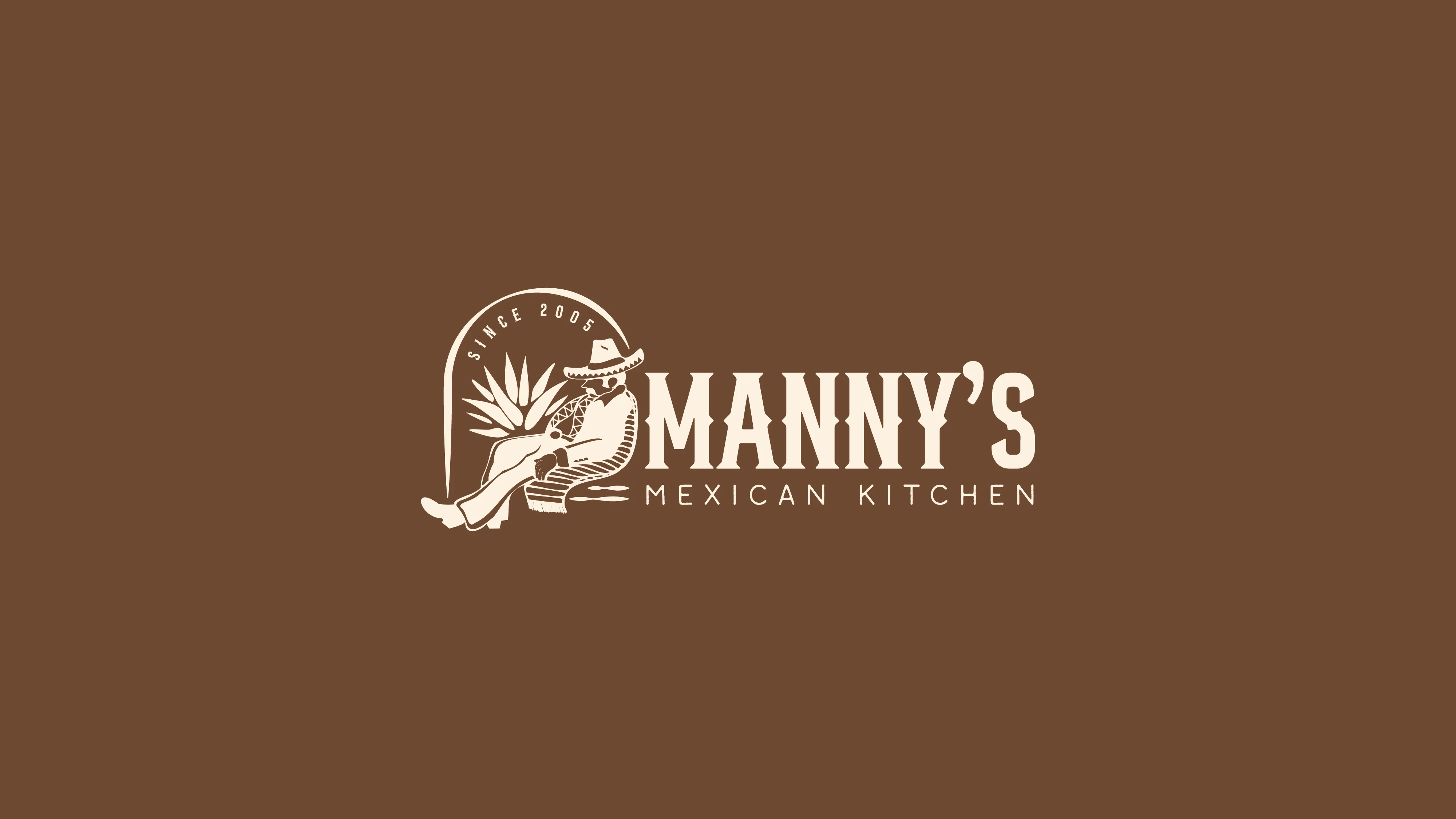 A graphical logo featuring the text 'MANNY'S MEXICAN KITCHEN' with an illustration of a seated figure wearing a hat, alongside a plant design. The background is a warm brown.