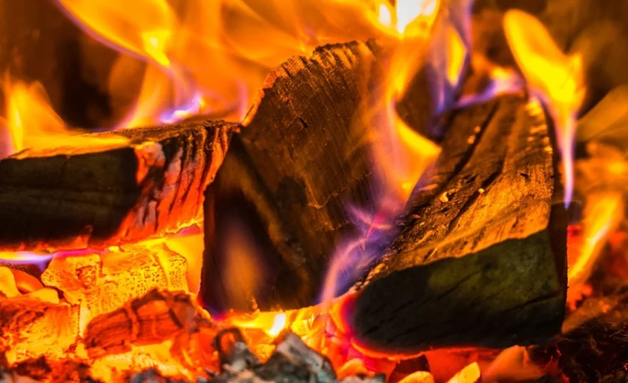 Burning firewood with vibrant flames and glowing embers