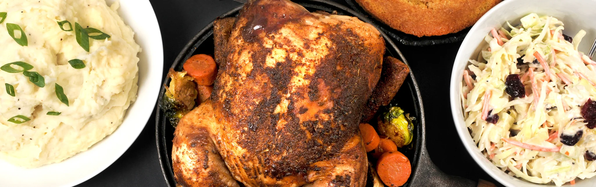 Southern-style roasted chicken dinner with sides