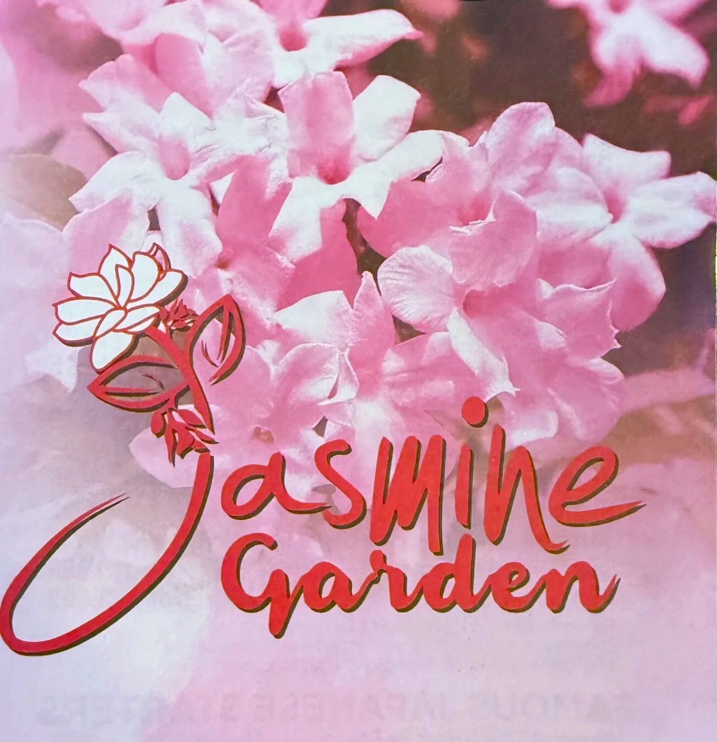 Jasmine Garden logo with pink flowers and elegant typography