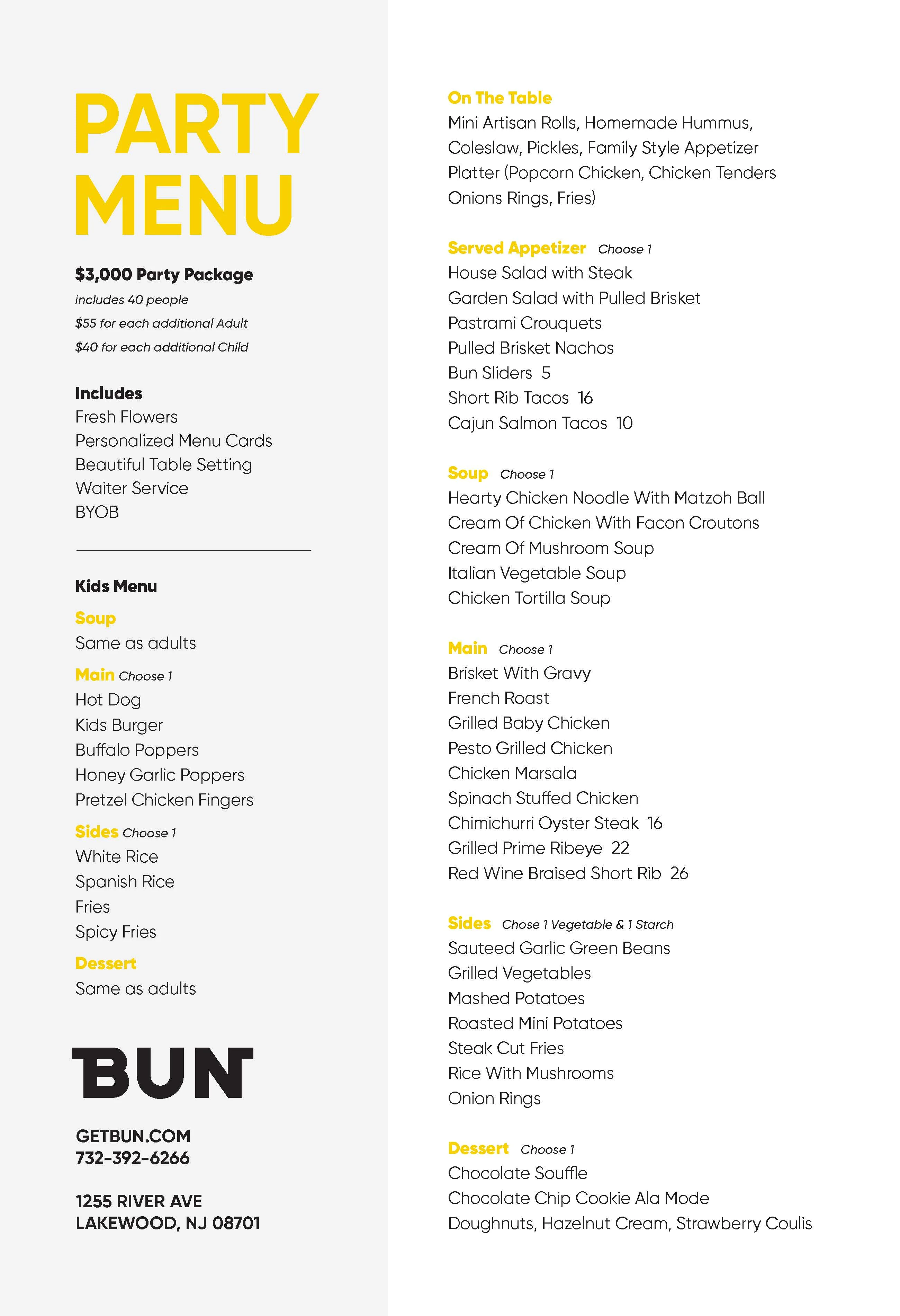 Party menu featuring diverse appetizers and kids' options