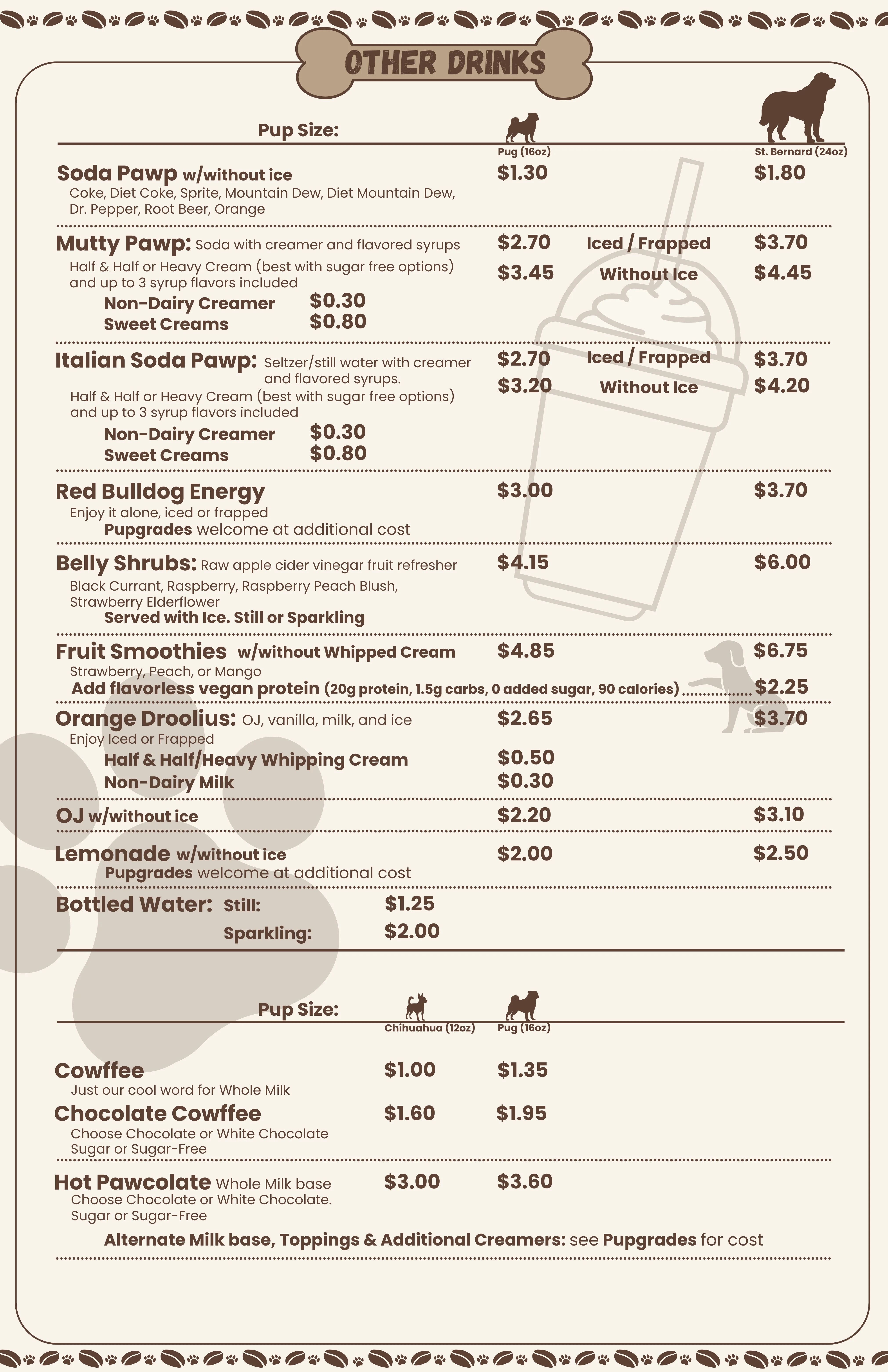 Menu of other drinks with prices and options for different sizes.