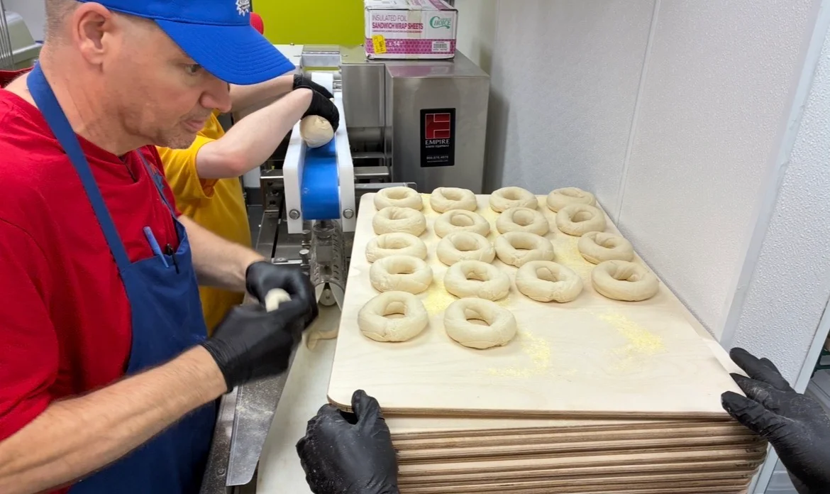 Bagel preparation in a bakery kitchen