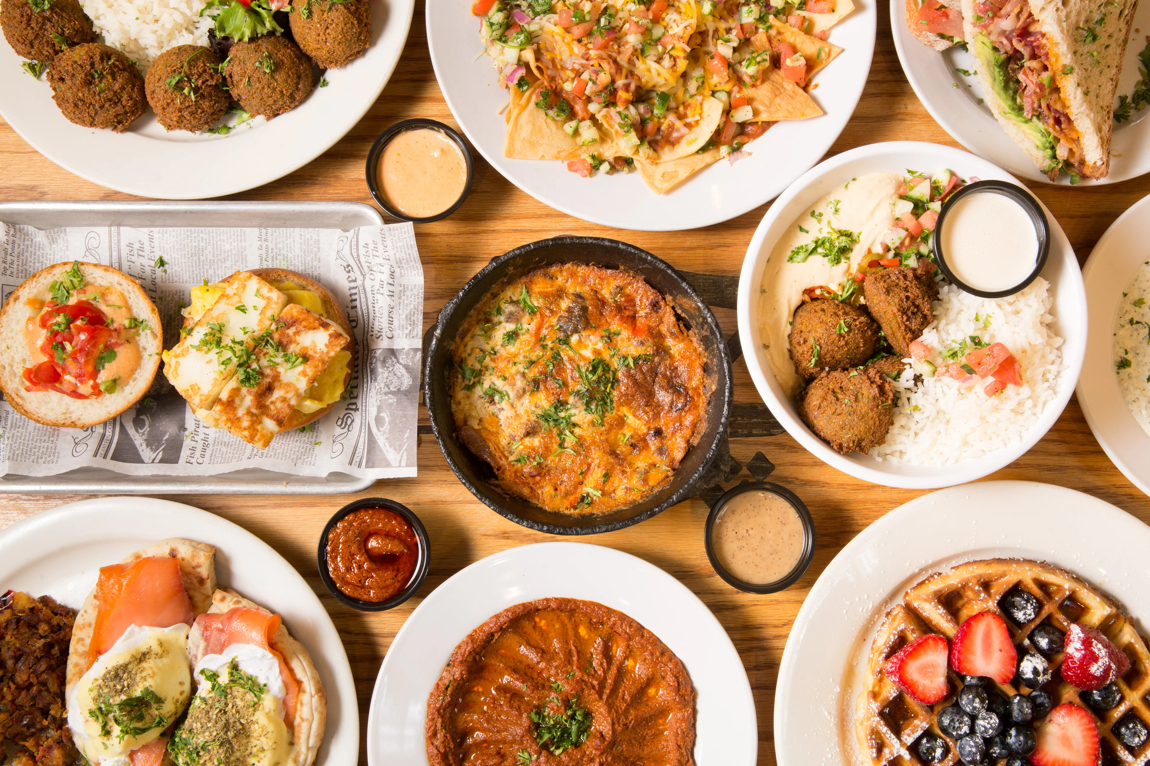 Assorted Mediterranean dishes including falafel and hummus