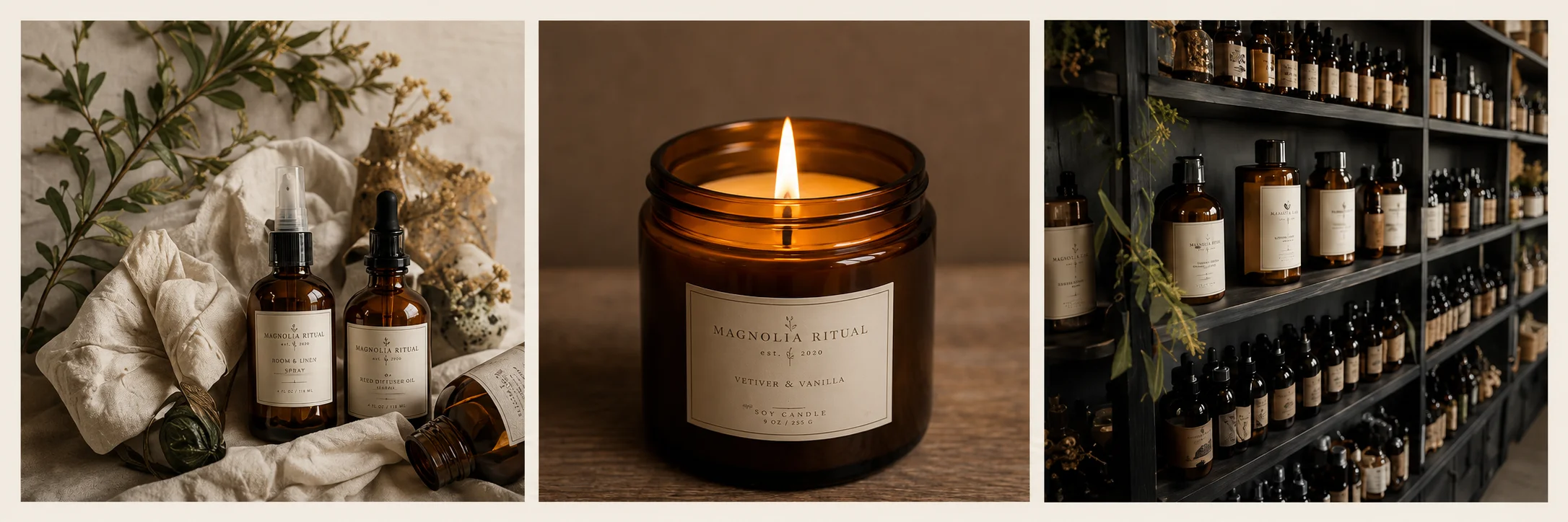 Elegant display of natural home fragrance products and candles