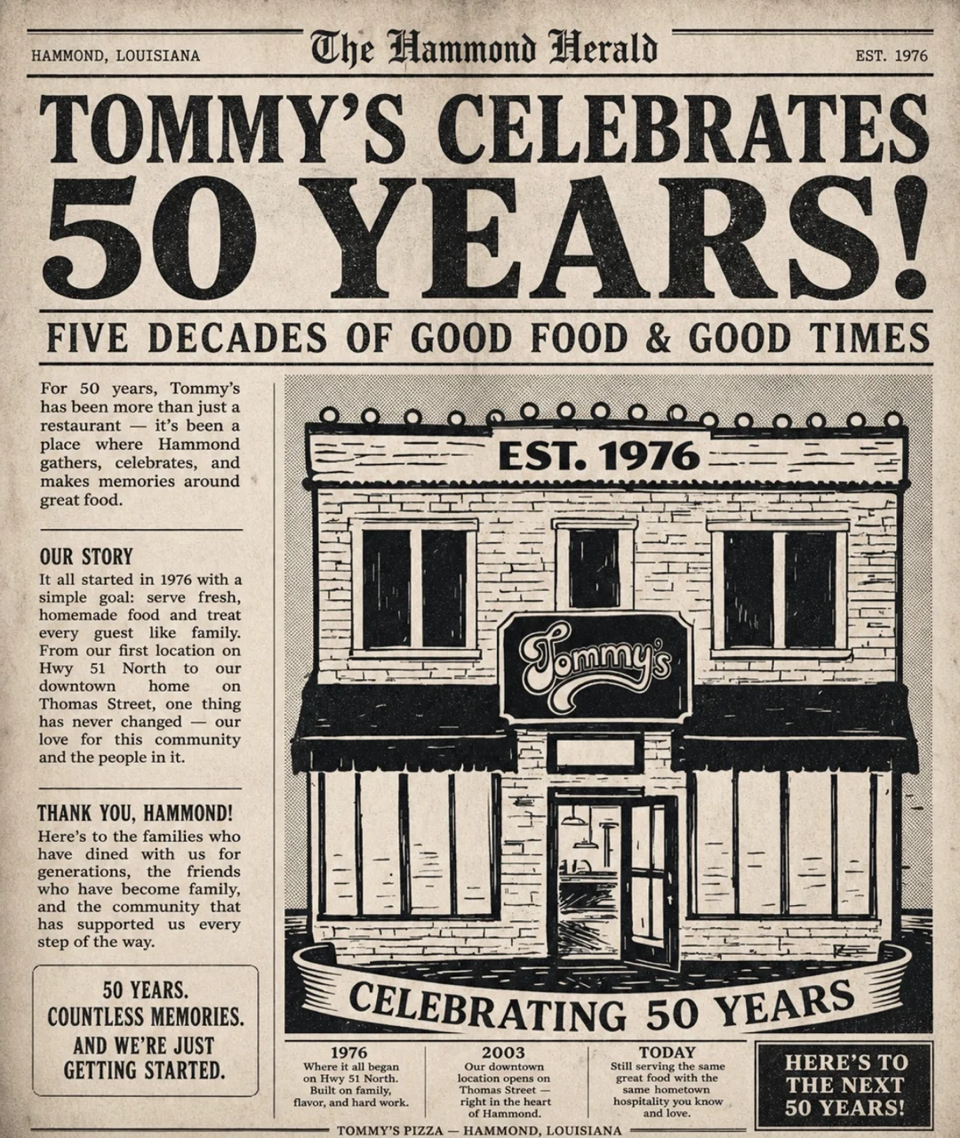 Celebrating 50 years of Tommy's restaurant with a newspaper graphic.