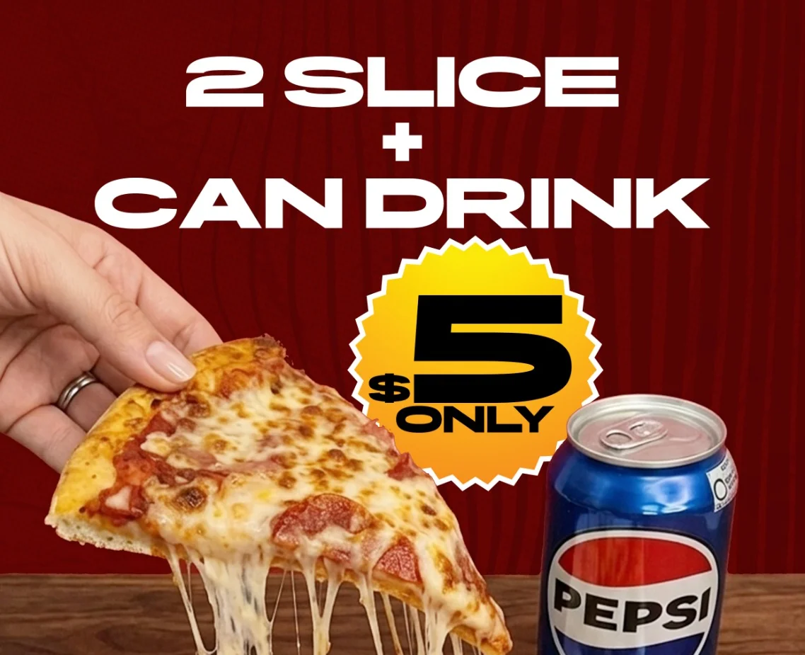 Cheesy pepperoni pizza slices with a can of soda