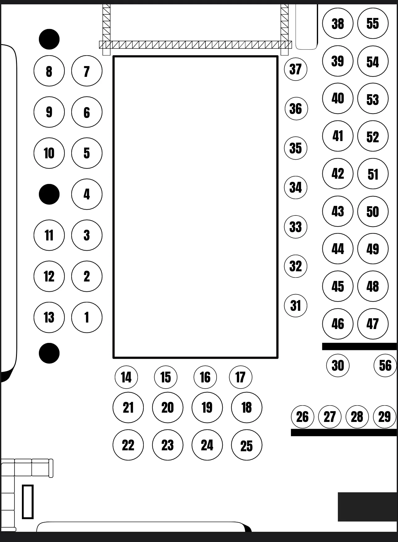 Restaurant seating layout with numbered tables and chairs