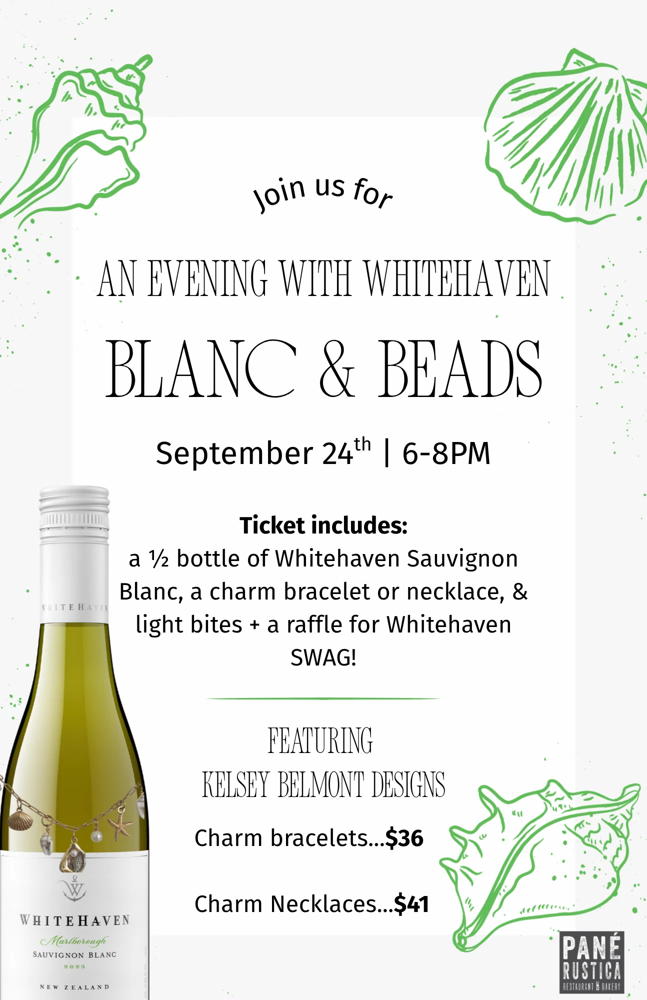 Event flyer for Whitehaven wine tasting and jewelry making evening