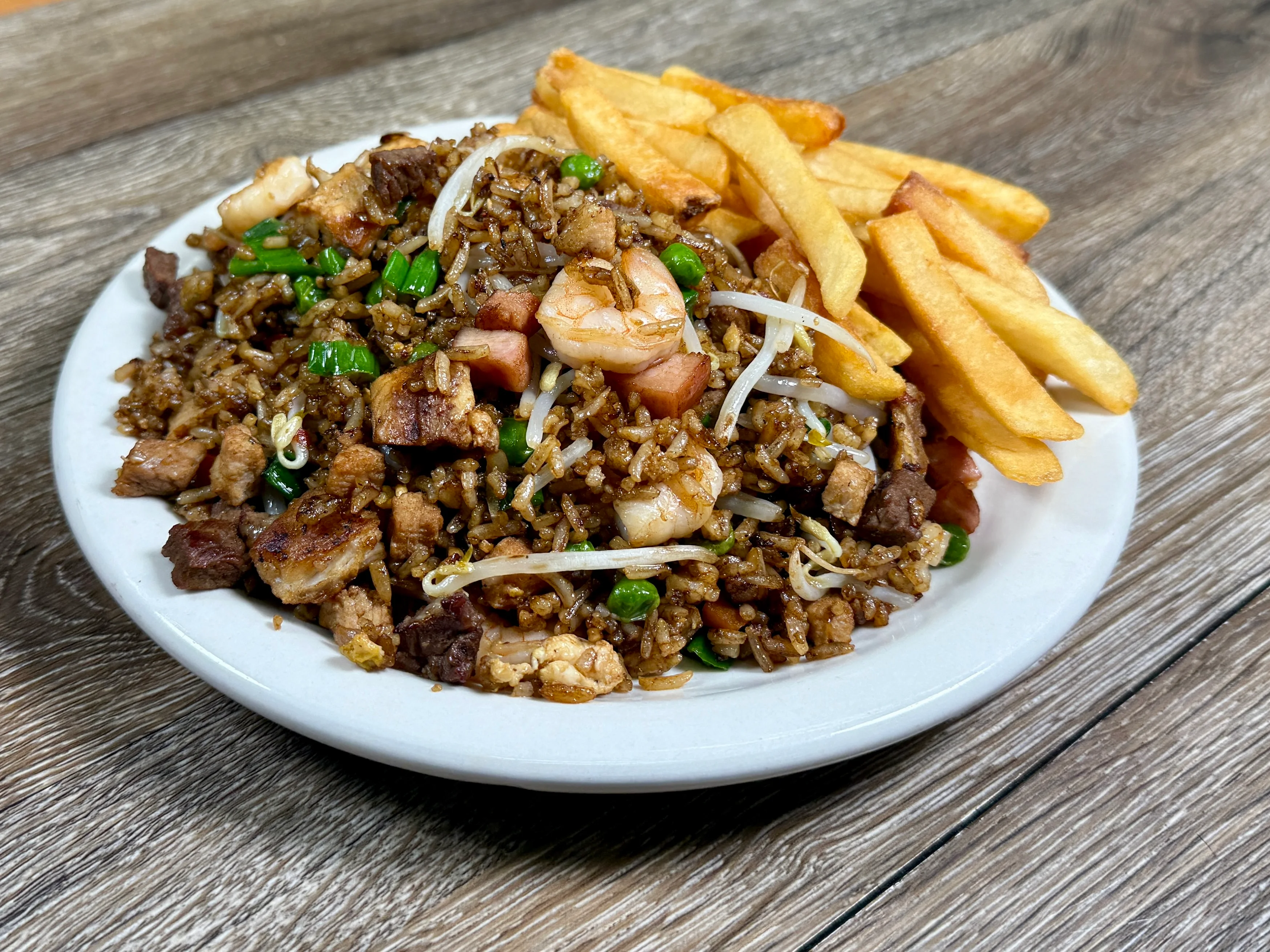 Malaysian fried rice with shrimp and fries