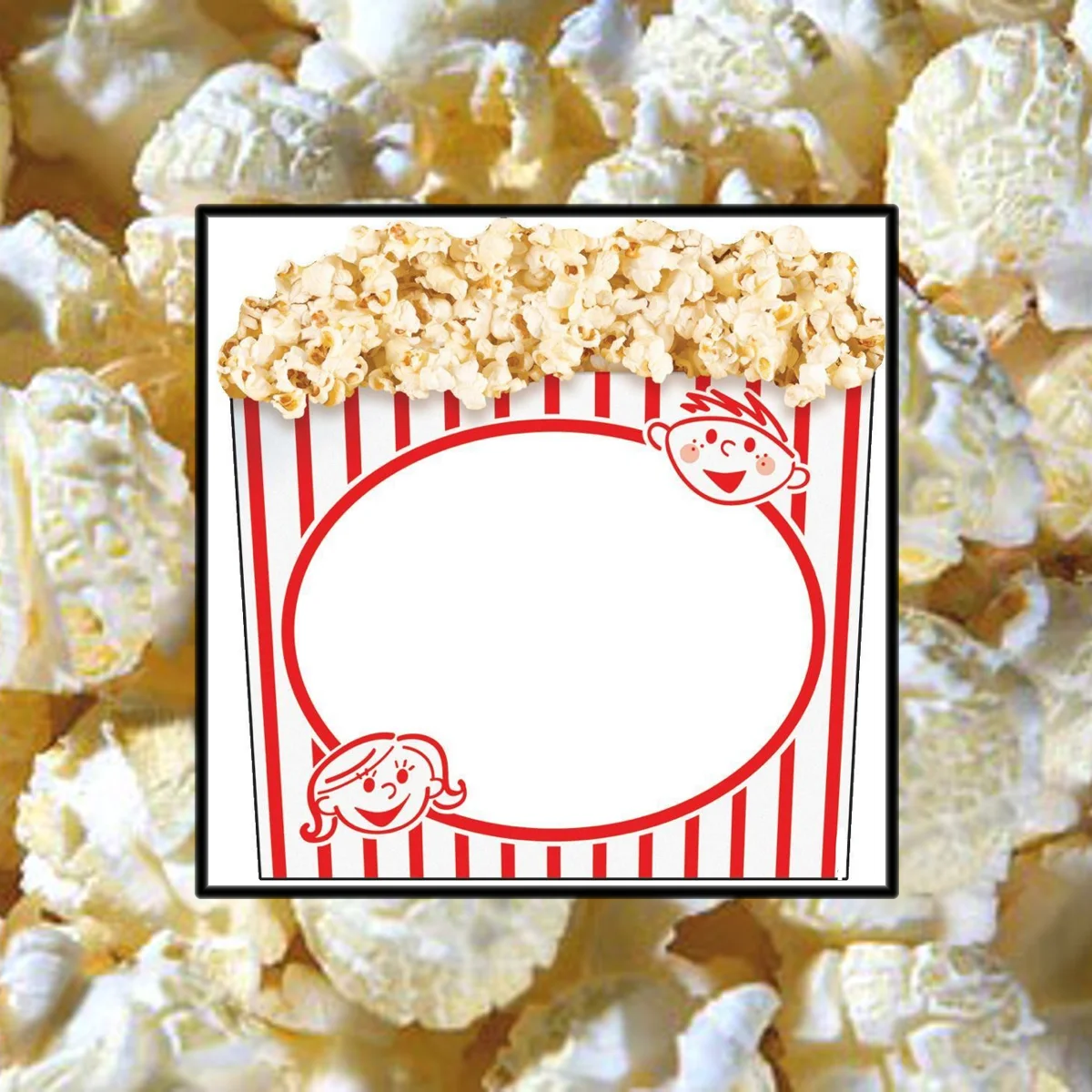 An empty popcorn container featuring playful character designs.