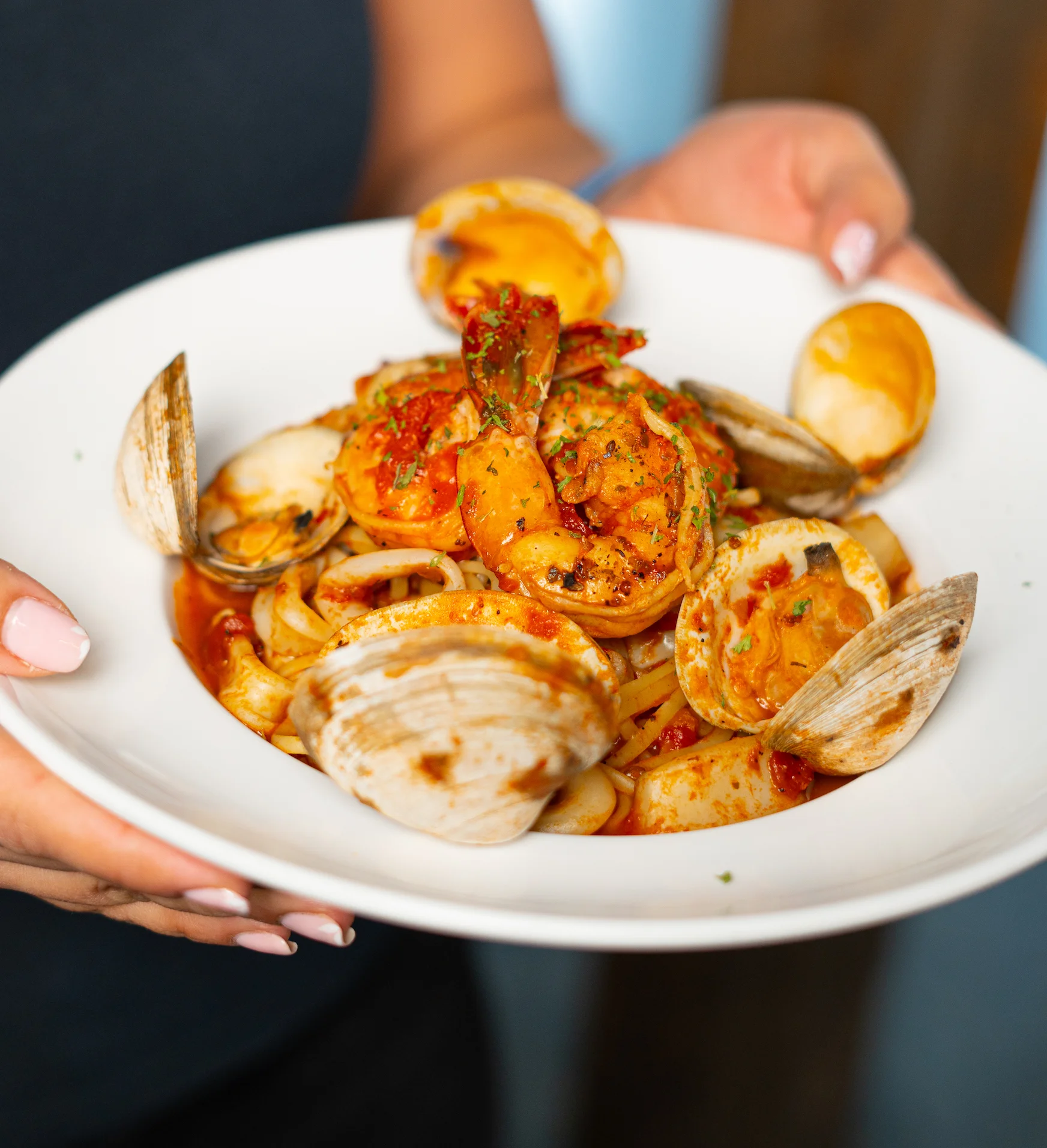 Seafood linguine with shrimp and clams in a rich tomato sauce
