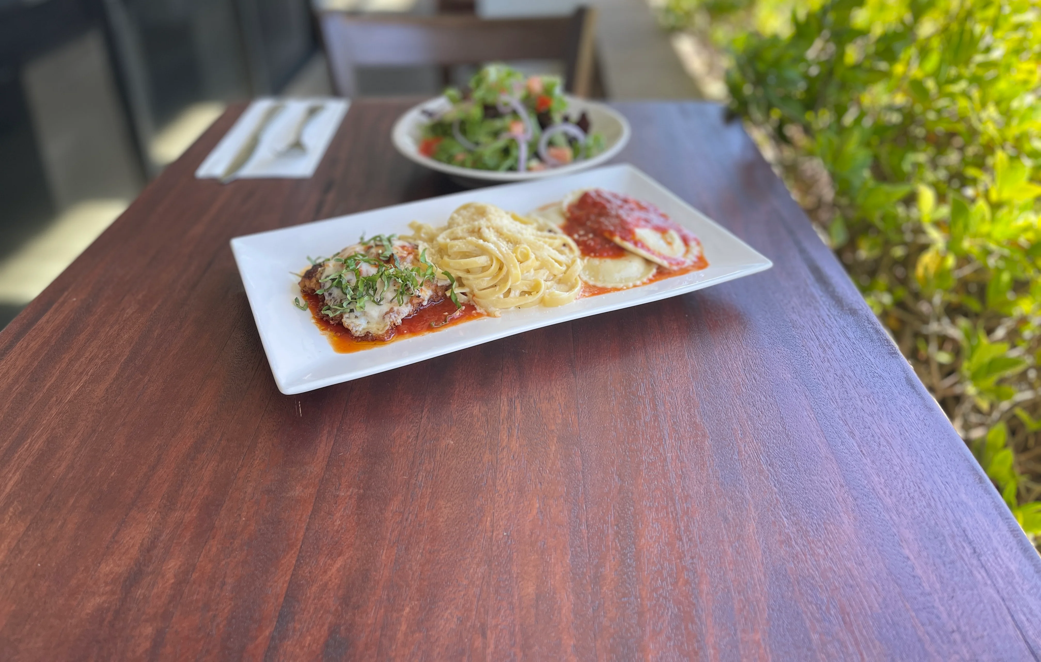 Pasta Trio, Lasagna, Fettucine Alfredo and Creamy Pesto Rigatoni