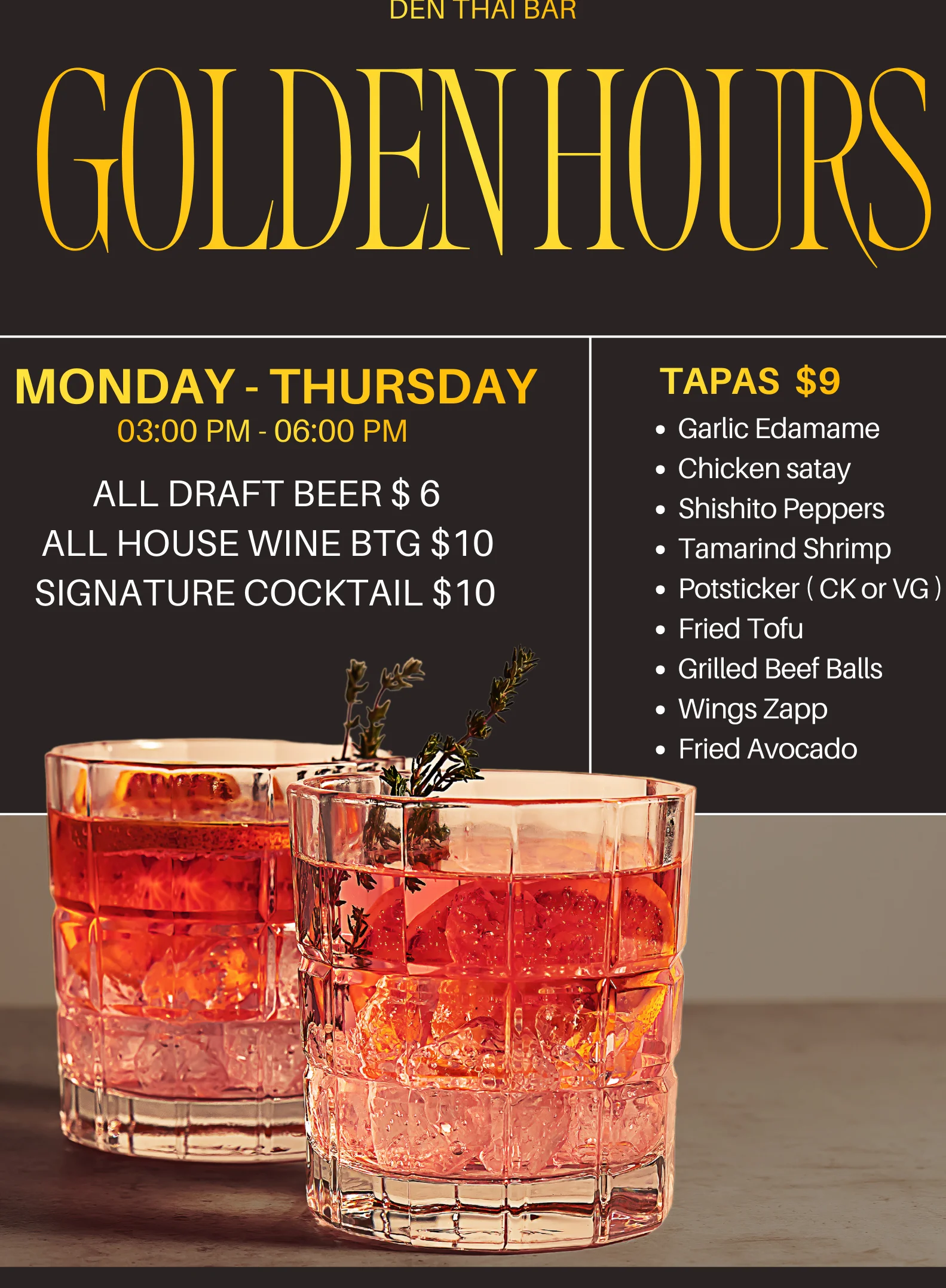 Cocktails served at Den Thai Bar during happy hour