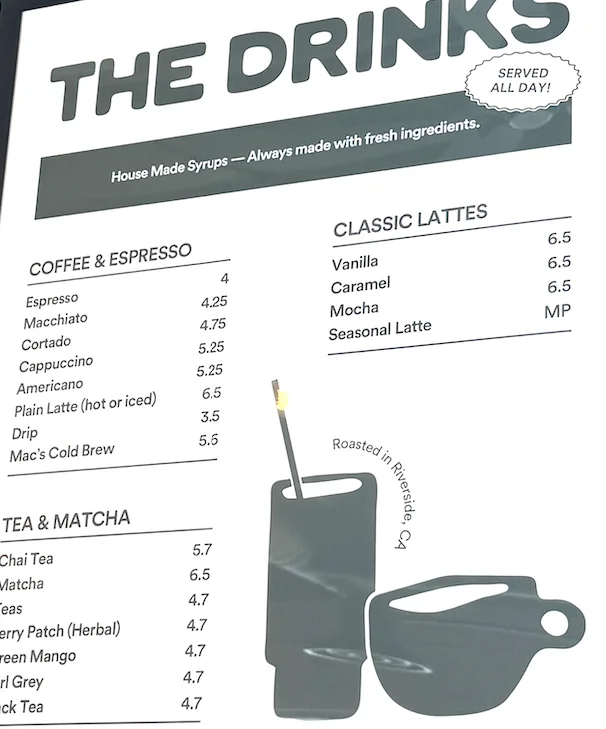 Menu of drinks including coffee, espresso, lattes, tea, and matcha options.
