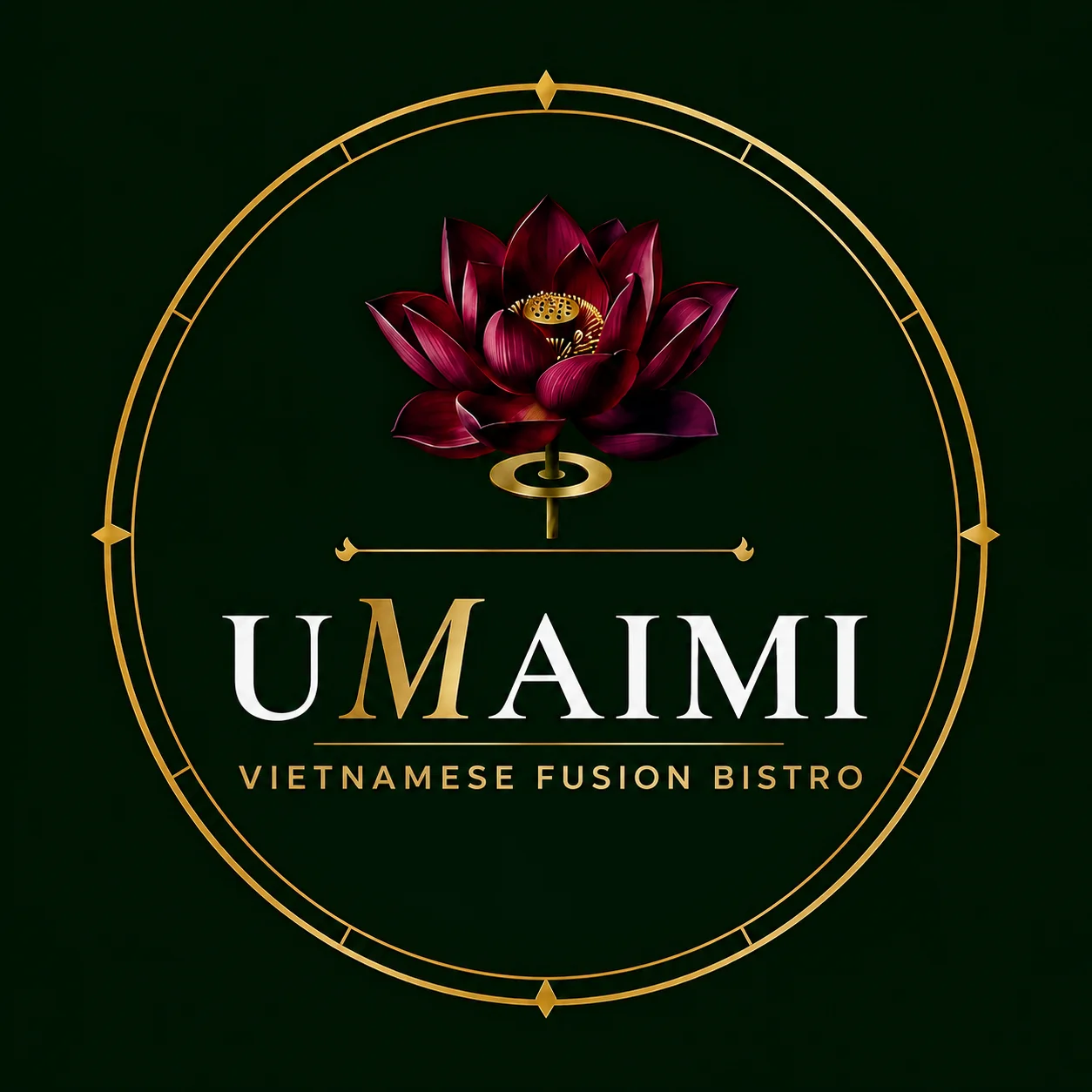 A logo for a Vietnamese fusion bistro, featuring a lotus flower design on a dark green background, with the name 'UMAI MI' prominently displayed and the text 'Upcoming in Torrance'.