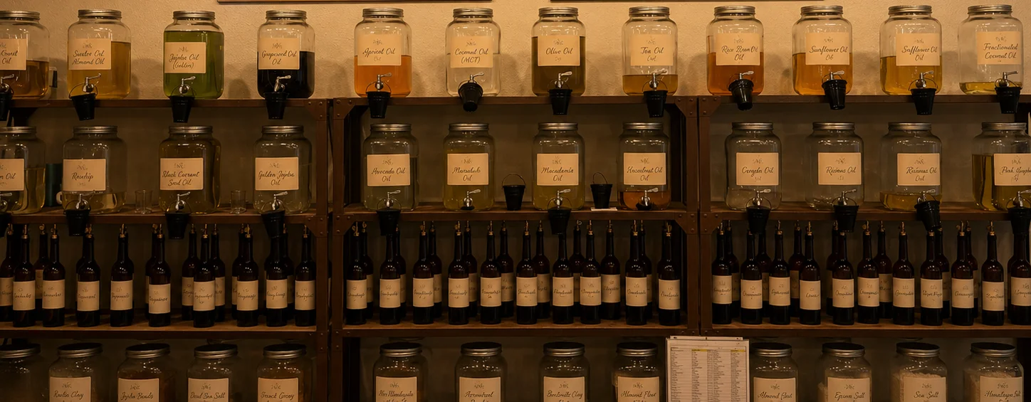 Magnolia Ritual fragrance wall featuring handcrafted fragrance oils used during candle pouring and custom scent experiences.