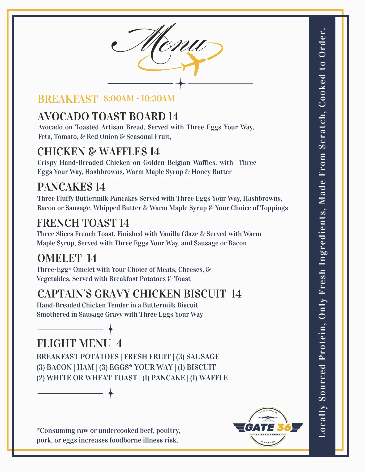 Breakfast menu featuring pancakes, French toast, and chicken waffles