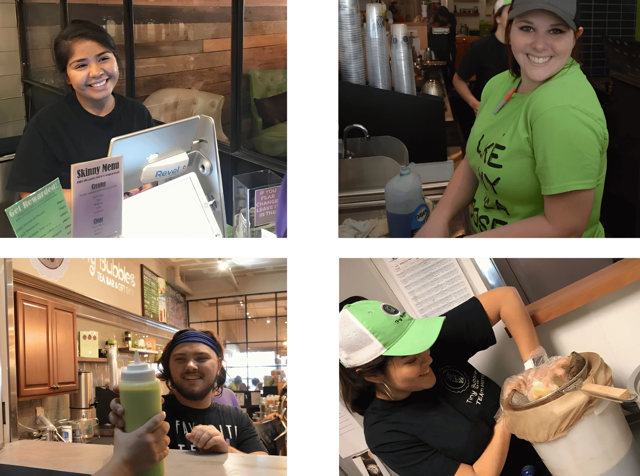 Friendly staff at a tea shop serving customers