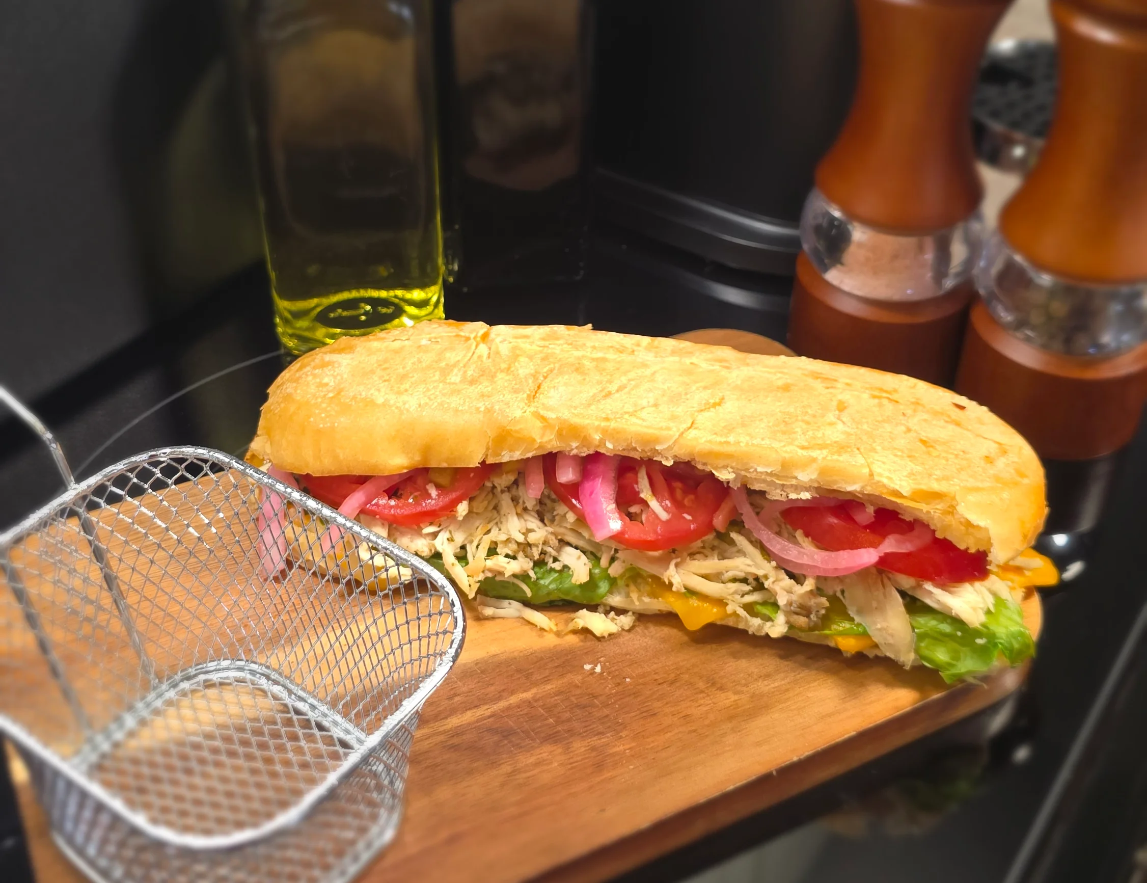 Delicious sub sandwich with fresh vegetables