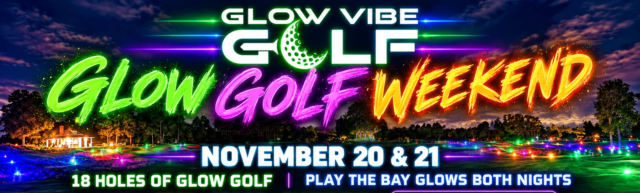 Neon glow golf weekend event banner with colorful typography and golf course background