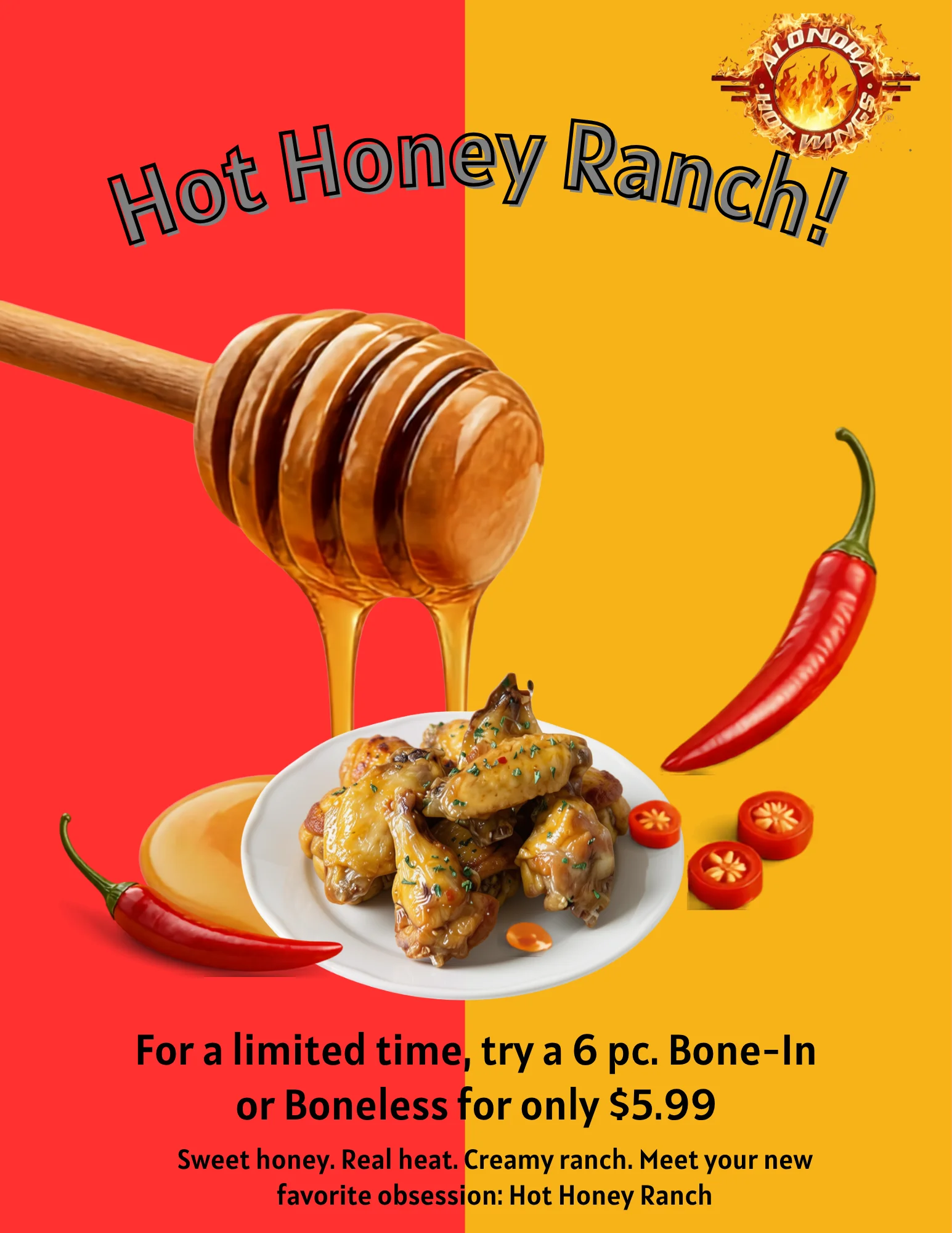 Hot honey ranch chicken wings promotional restaurant graphic