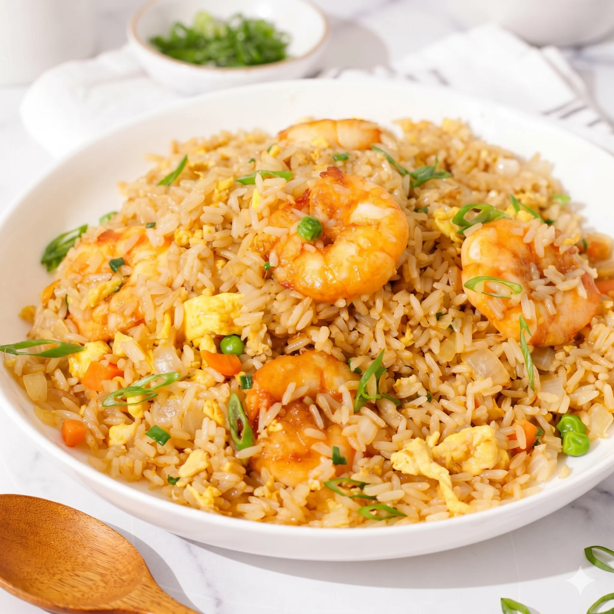 Plate of shrimp fried rice with vegetables and green onions