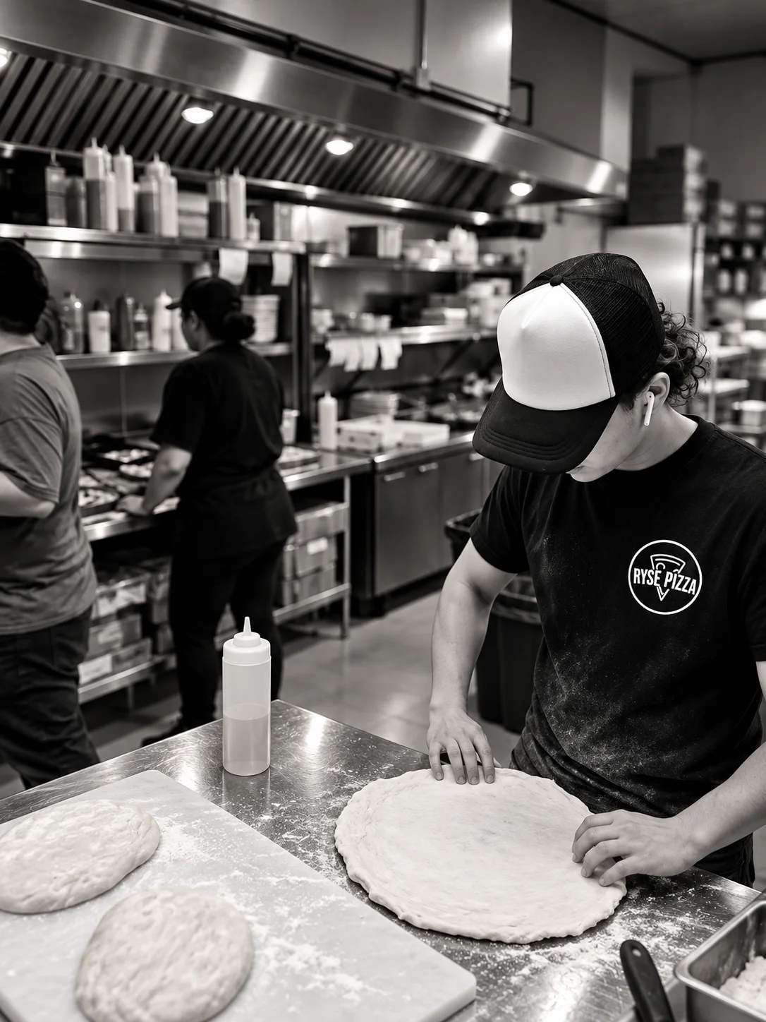 RYSE Pizza team members preparing dough in the kitchen.