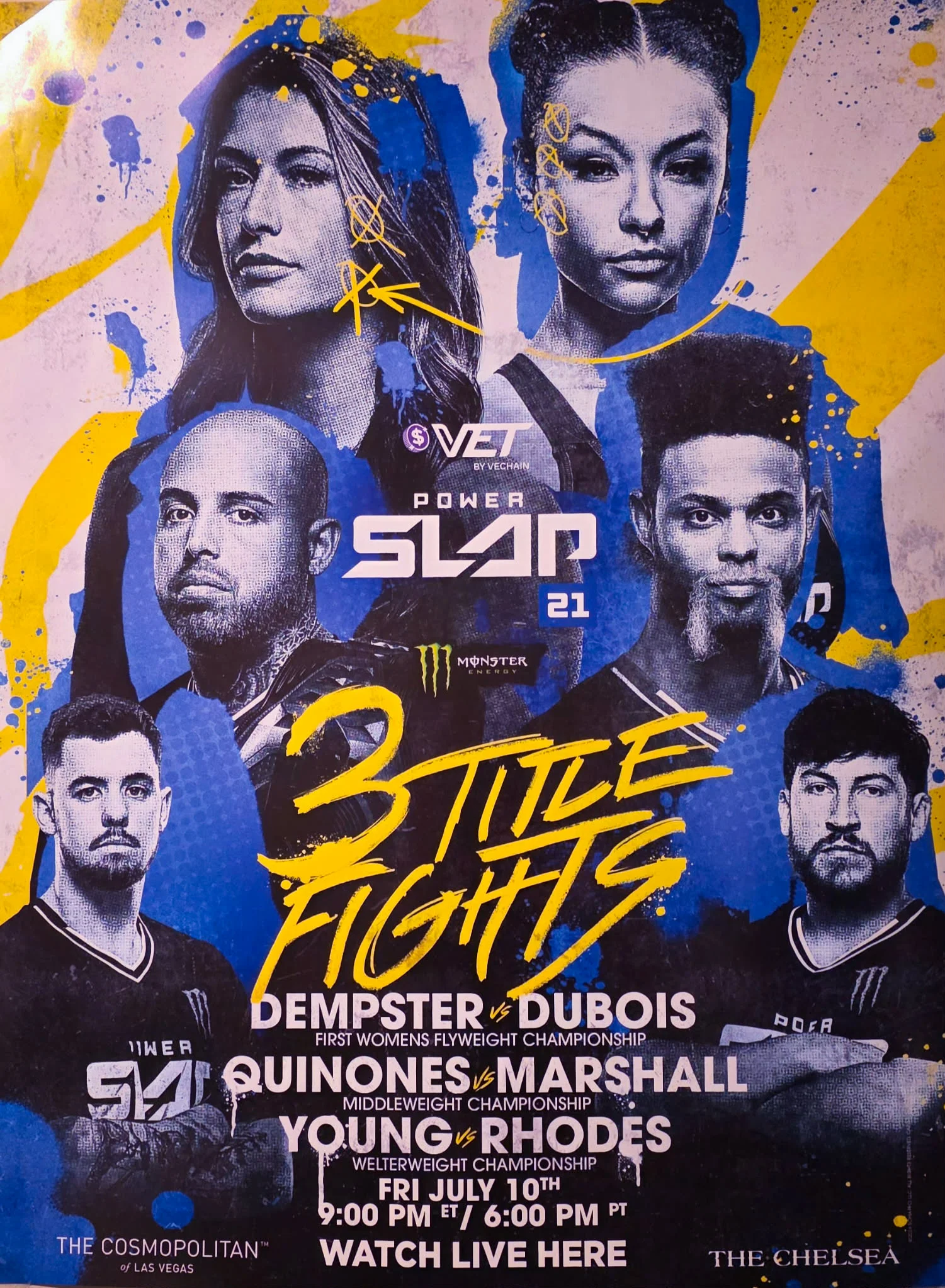 Promotional poster for Power Slap 21 event featuring title fights