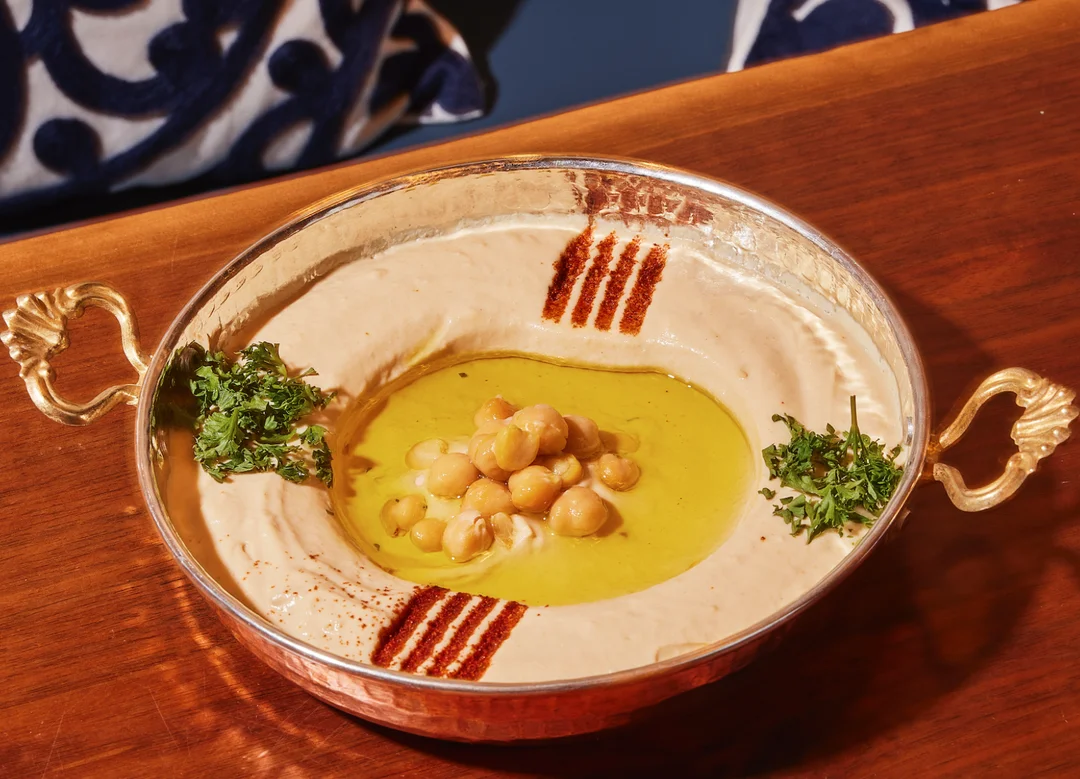 Classic Middle Eastern hummus served with olive oil