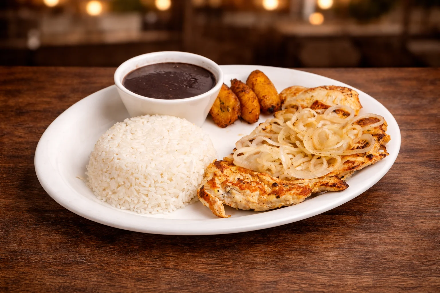 Grilled chicken with rice and black beans, a traditional Latin American dish