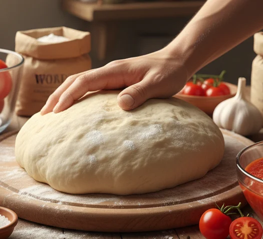 Fresh pizza dough preparation in a rustic kitchen
