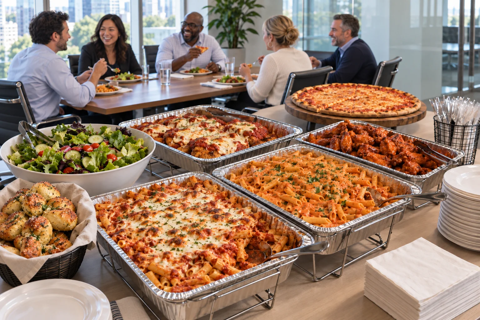 Coworkers enjoying an office catering lunch with baked ziti, penne vodka, chicken parmigiana, pizza, salad, garlic knots, wings and serving utensils