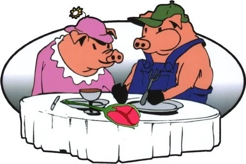 Cartoon pigs dining at a table with a rose