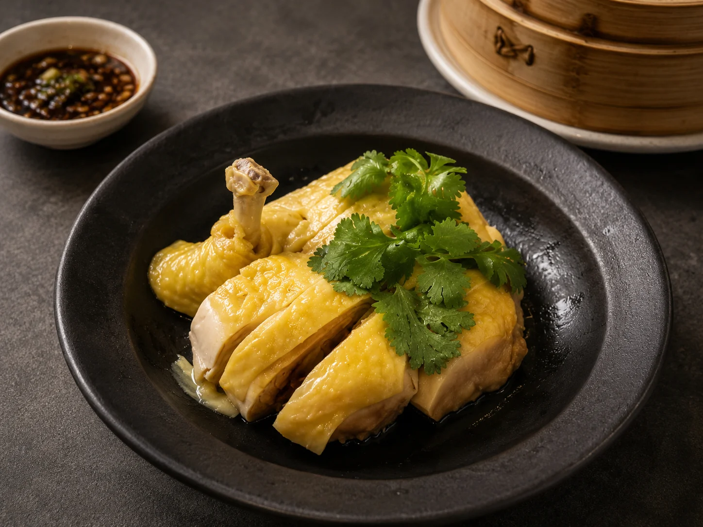 Hainanese chicken rice served with cilantro