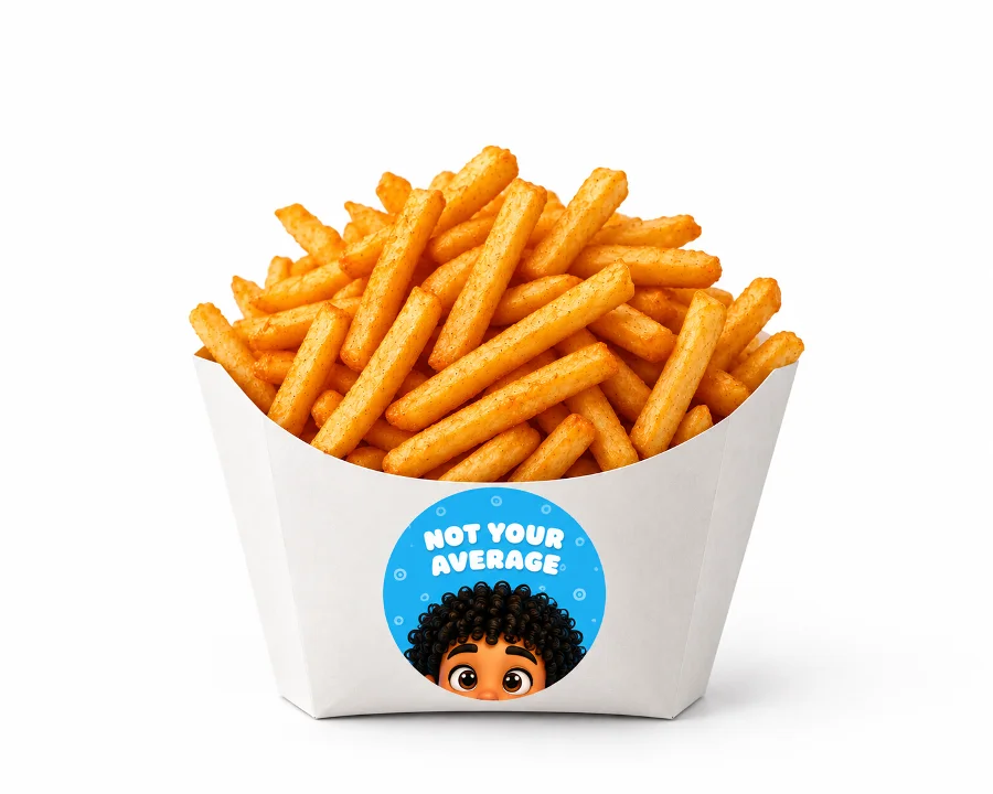 A container filled with golden, crispy French fries, prominently featuring a playful sticker.