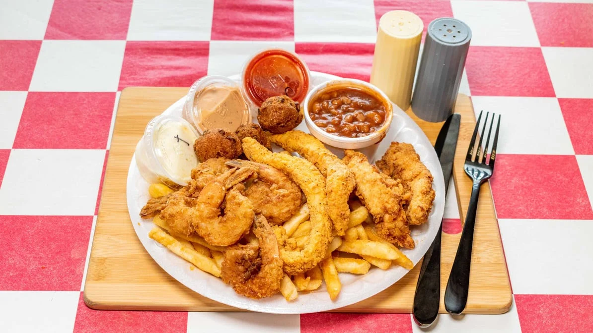 Southern fried shrimp platter with fries and sides