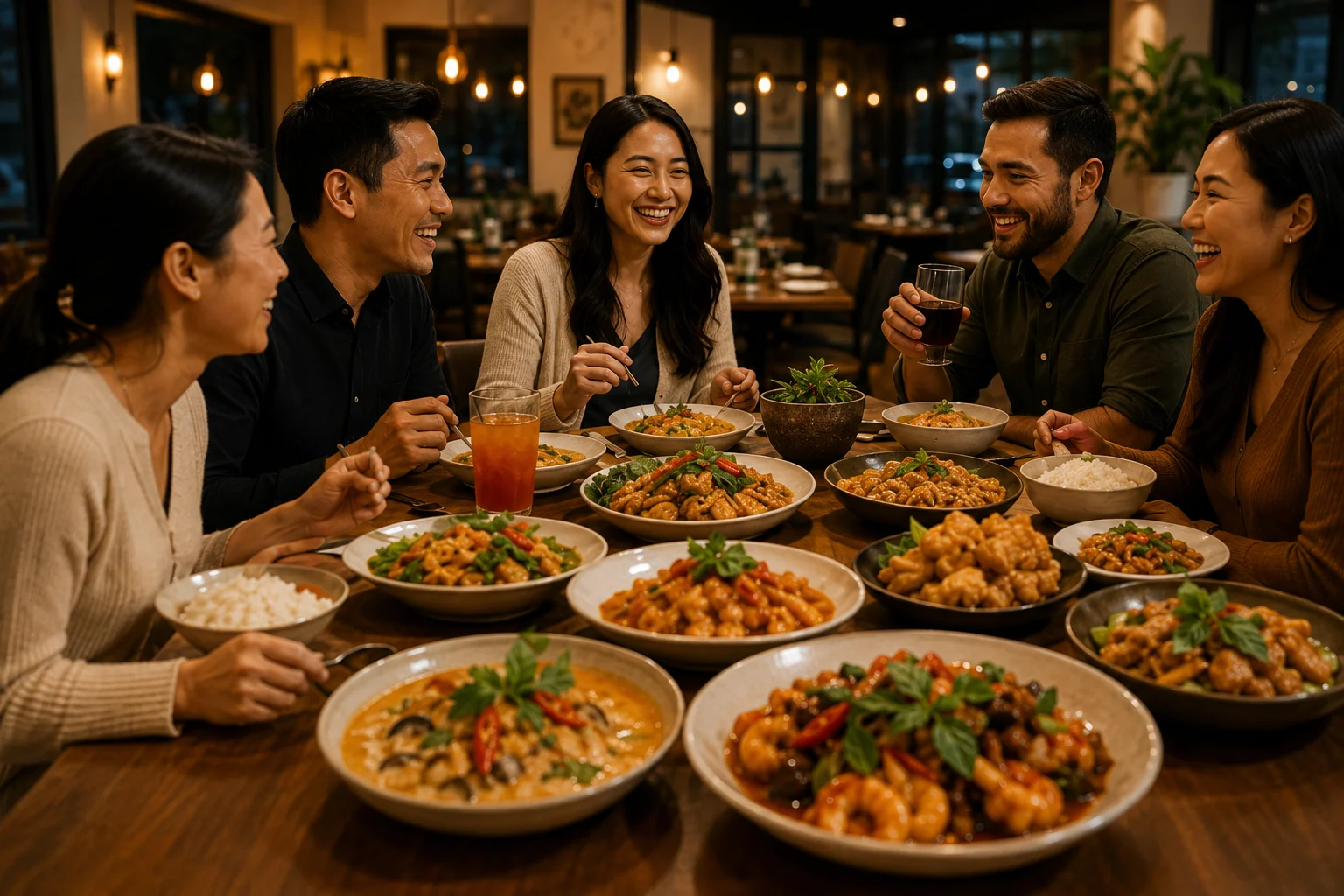Group enjoying Asian cuisine with various dishes on a wooden table