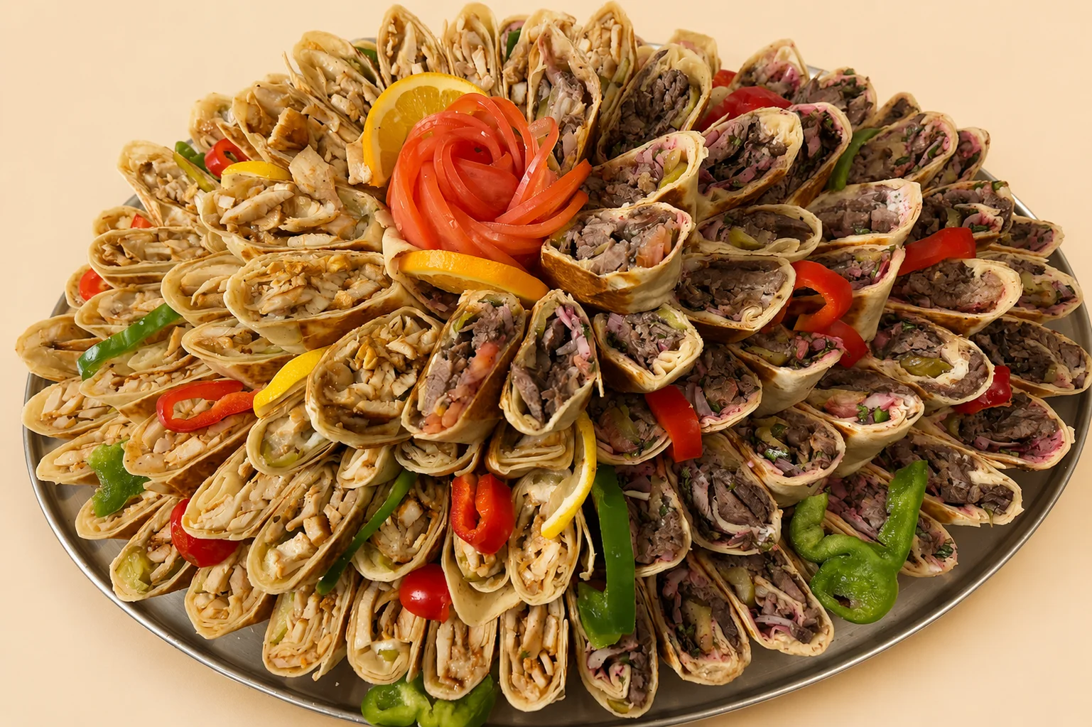 arabic style catered order of chicken and beef shawarma. beautifully presented and plated for your next event in como columbia missouri