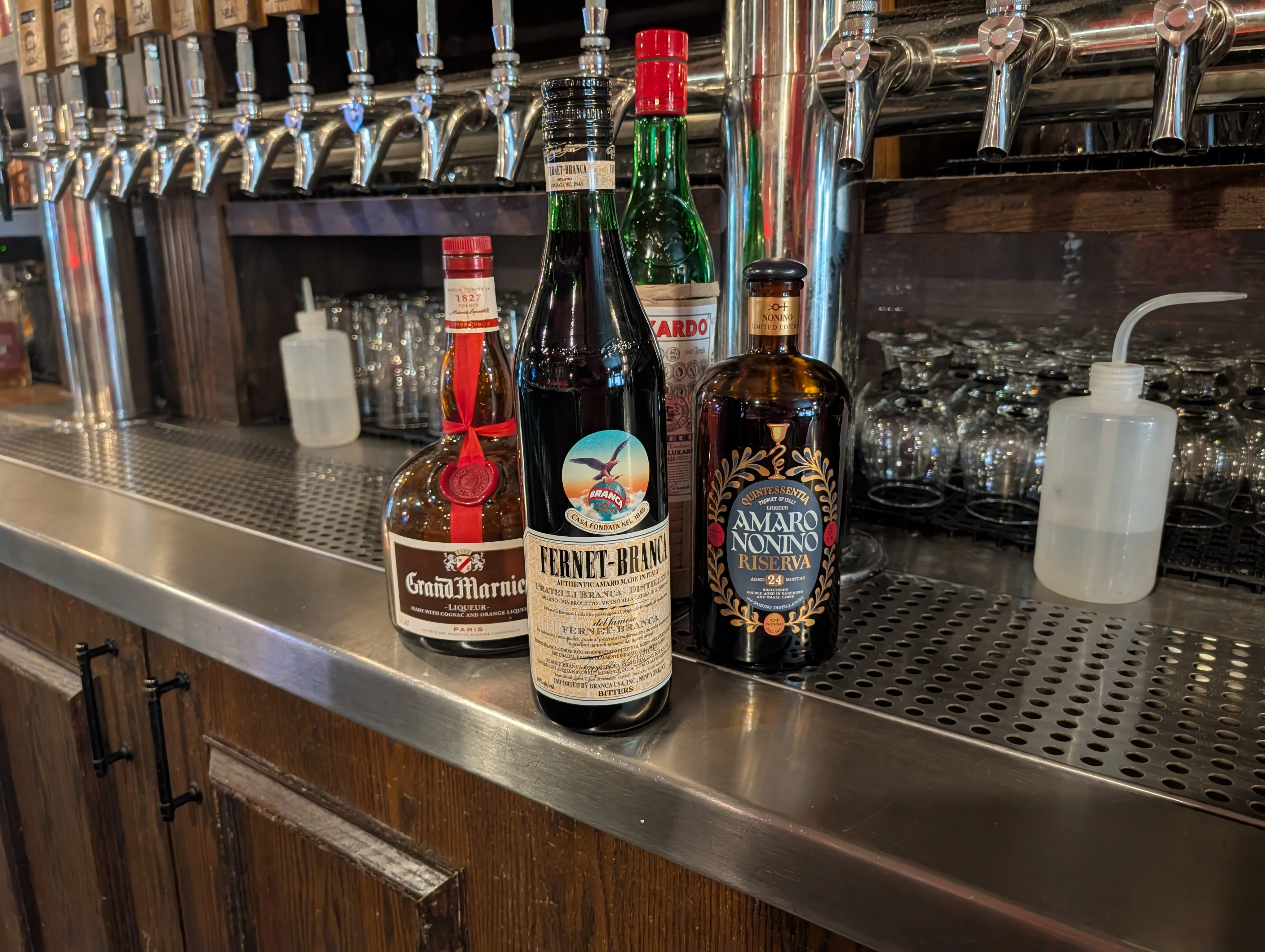Selection of Italian liqueurs on a bar counter