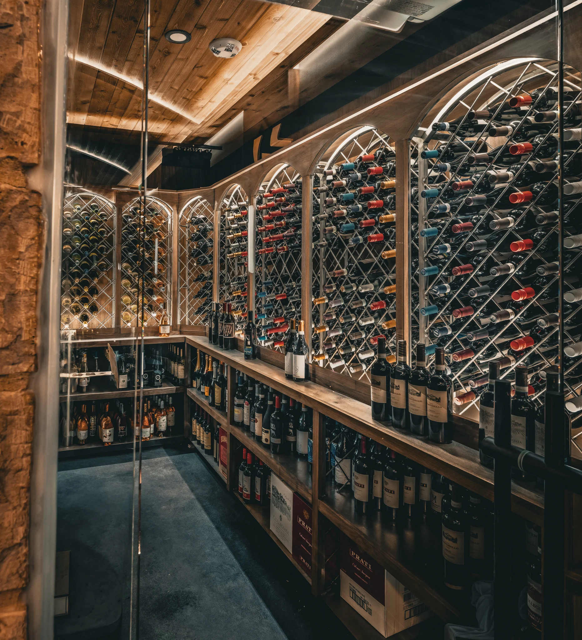 Upscale restaurant wine cellar with extensive bottle display