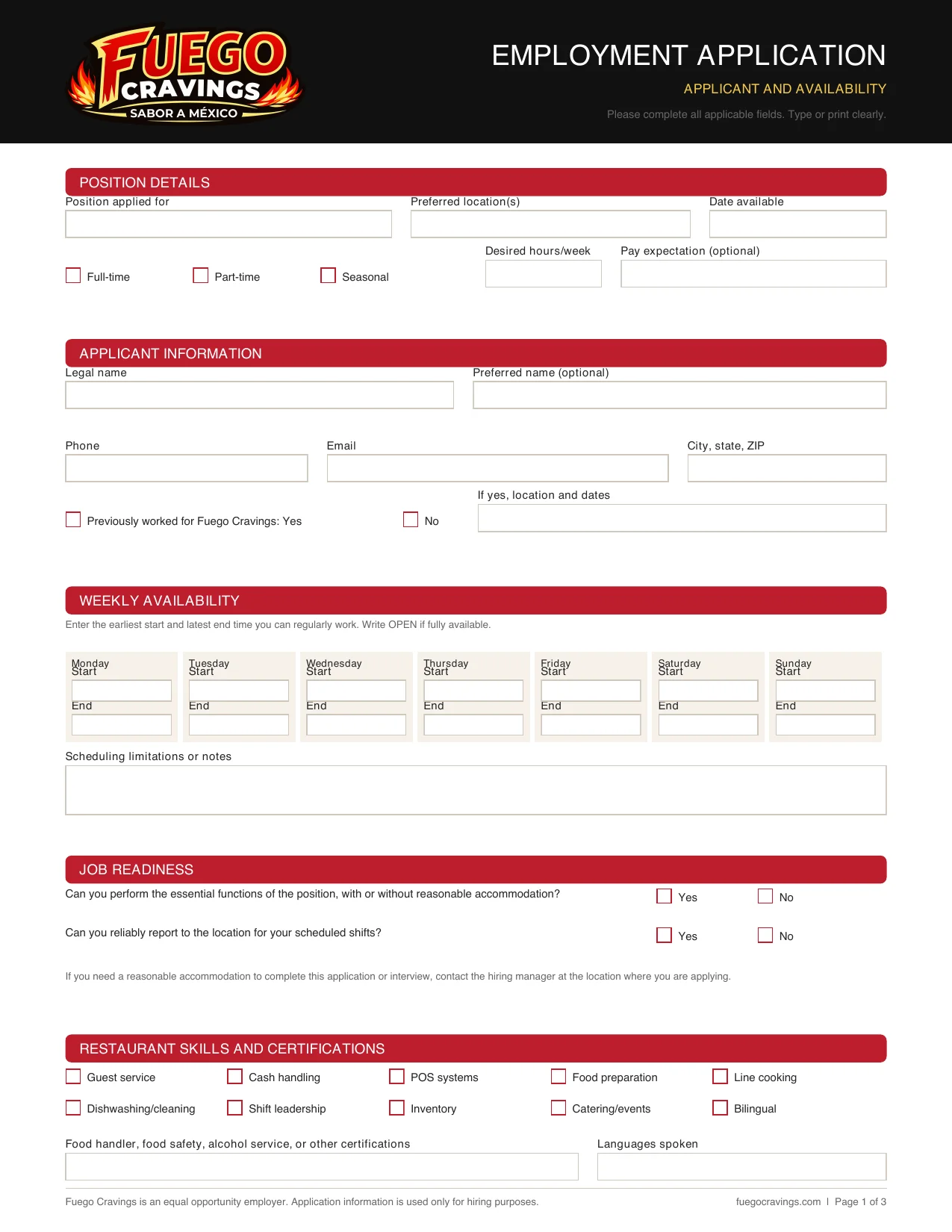 Employment application form for restaurant positions