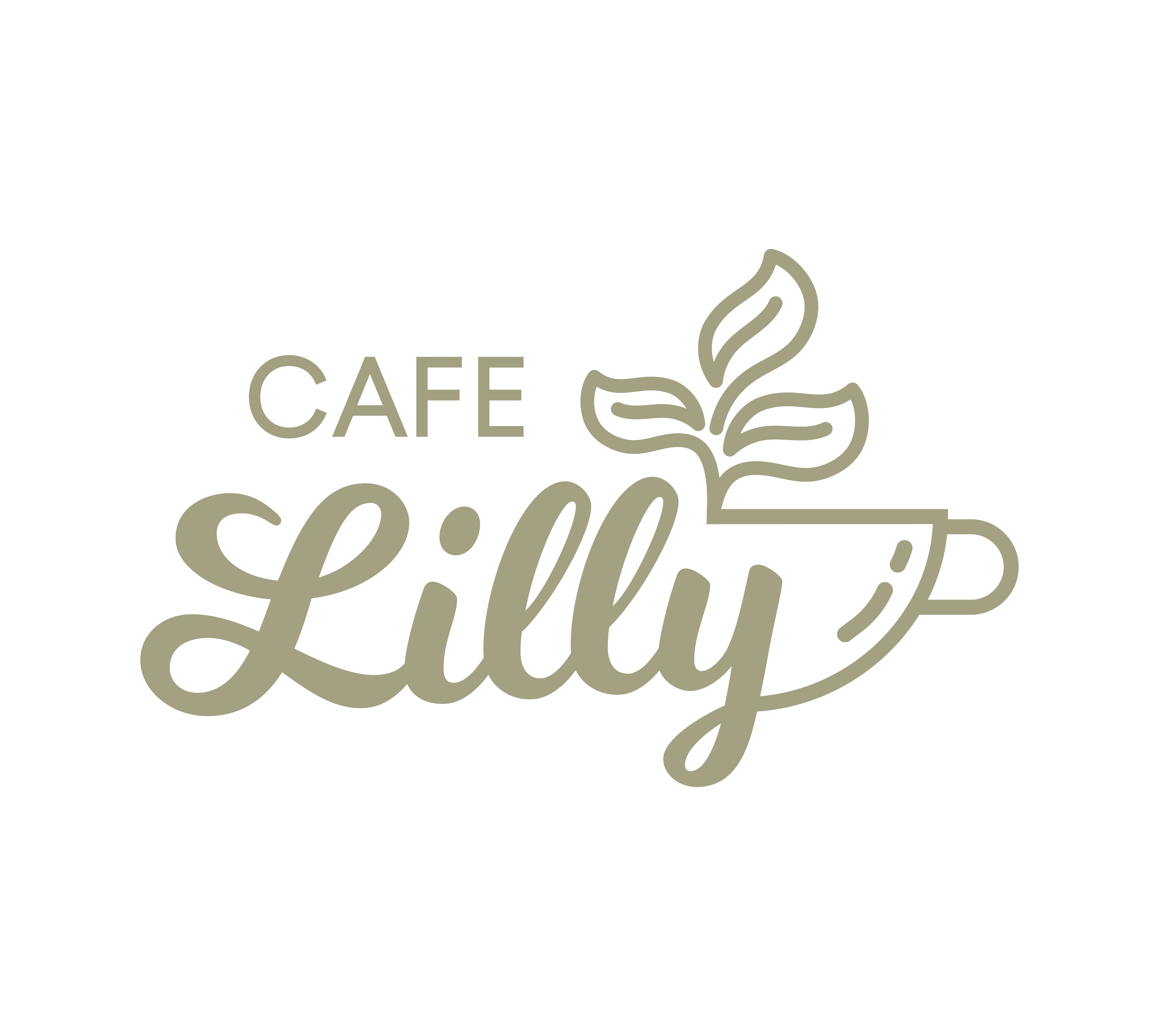 Logo of Cafe Lilly featuring a coffee cup and leaf design