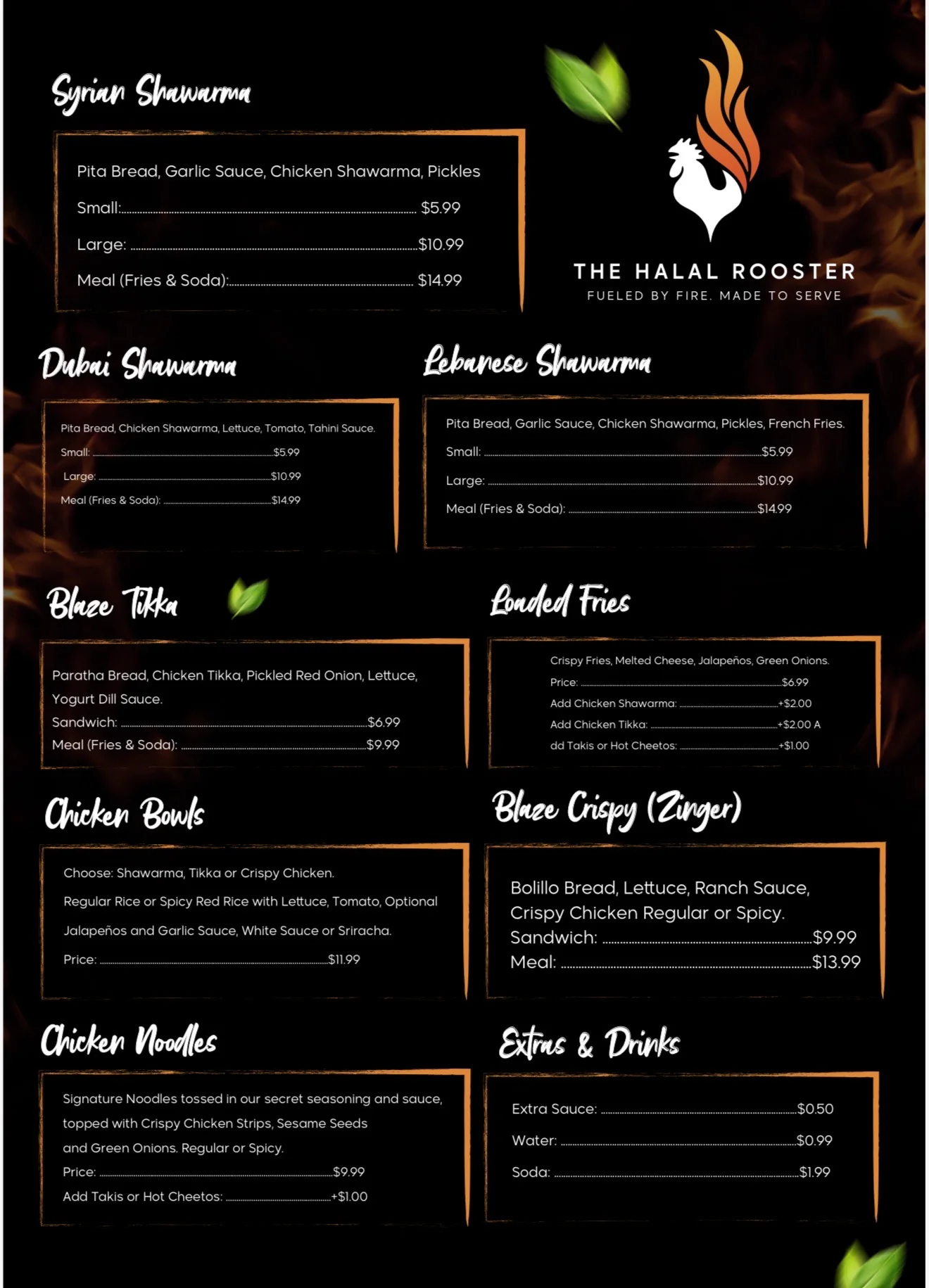 A menu featuring various shawarma options, chicken dishes, and sides. Detailed prices are listed for small and large servings, meals with fries and soda, and additional items.
