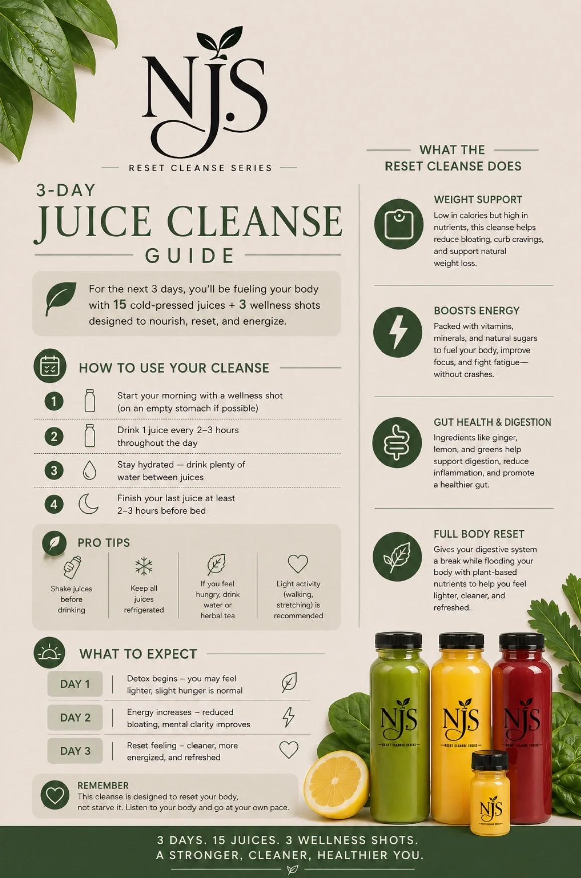 A guide for a 3-day juice cleanse, detailing how to use the cleanse, what to expect, and the benefits of the juices and wellness shots.