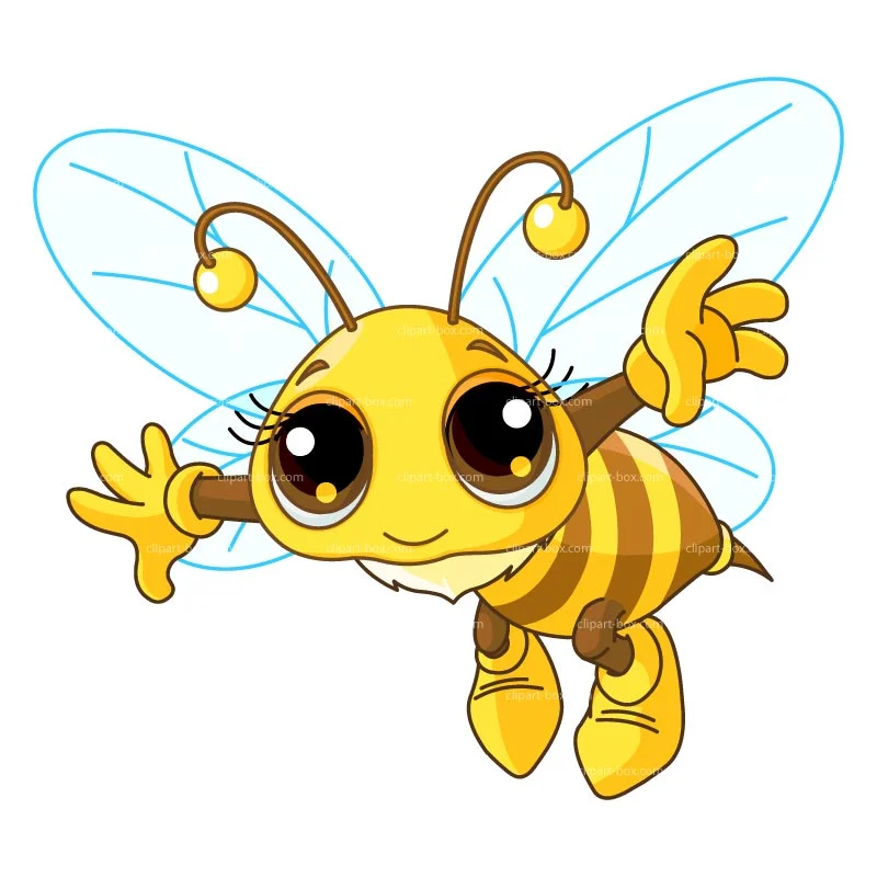 A joyful animated bee character flying with outstretched arms, featuring big eyes and soft wings.