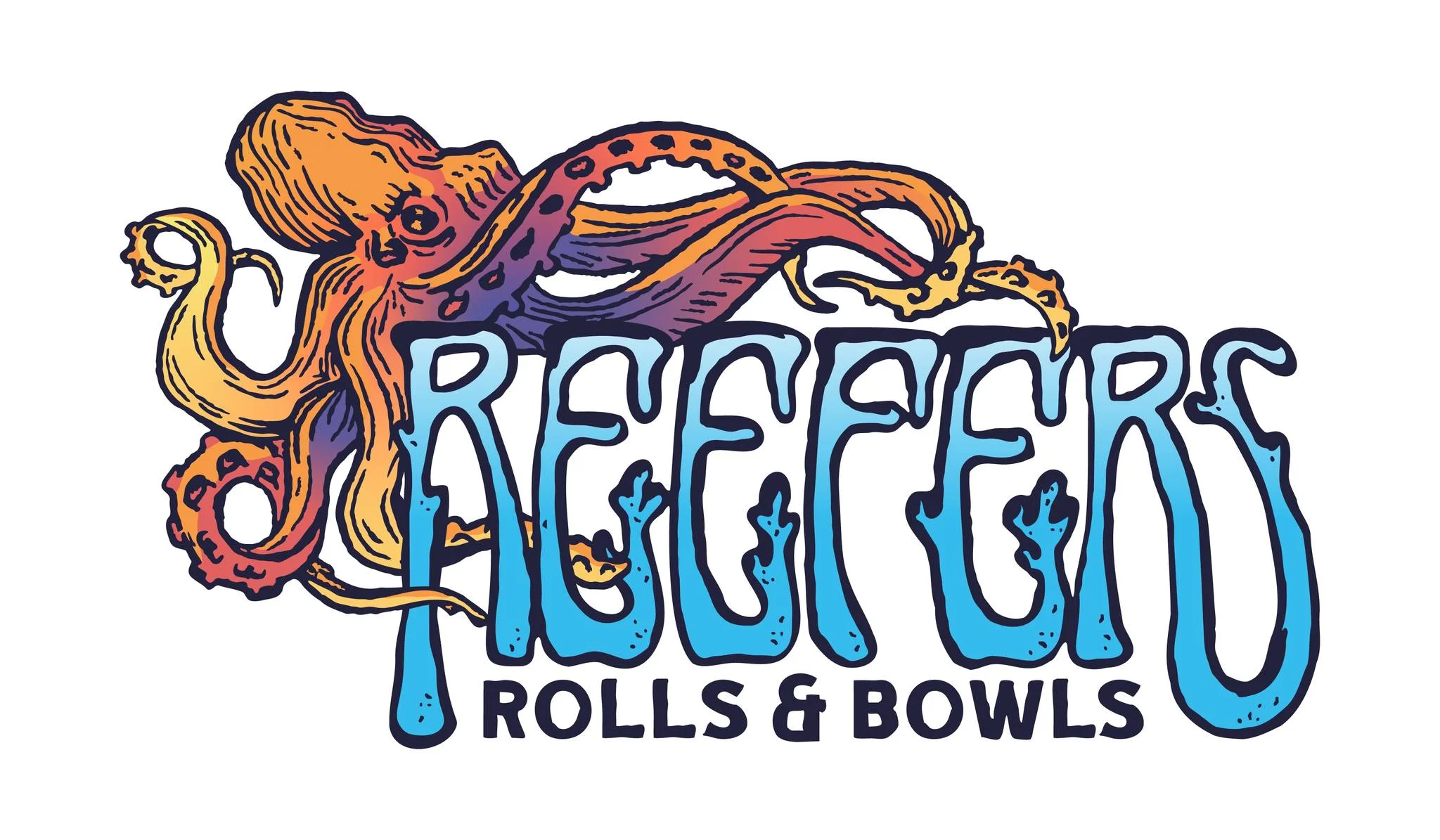 Colorful logo of Reefer's Rolls & Bowls featuring an octopus design